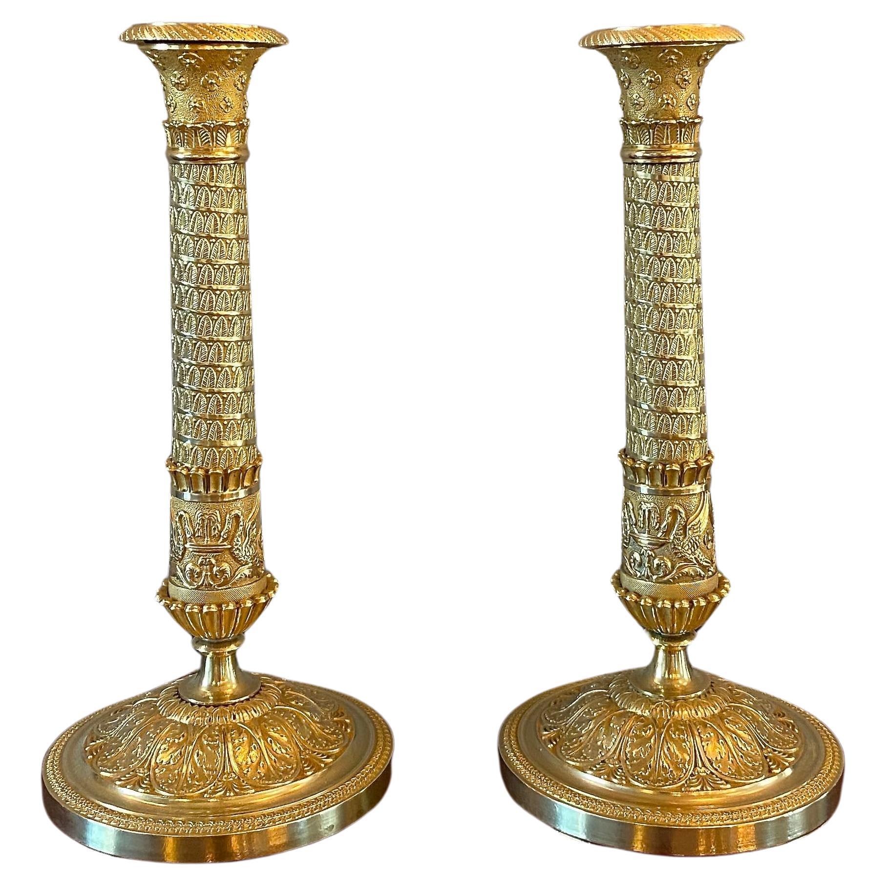 19th century gilt and chased bronze French candlesticks For Sale