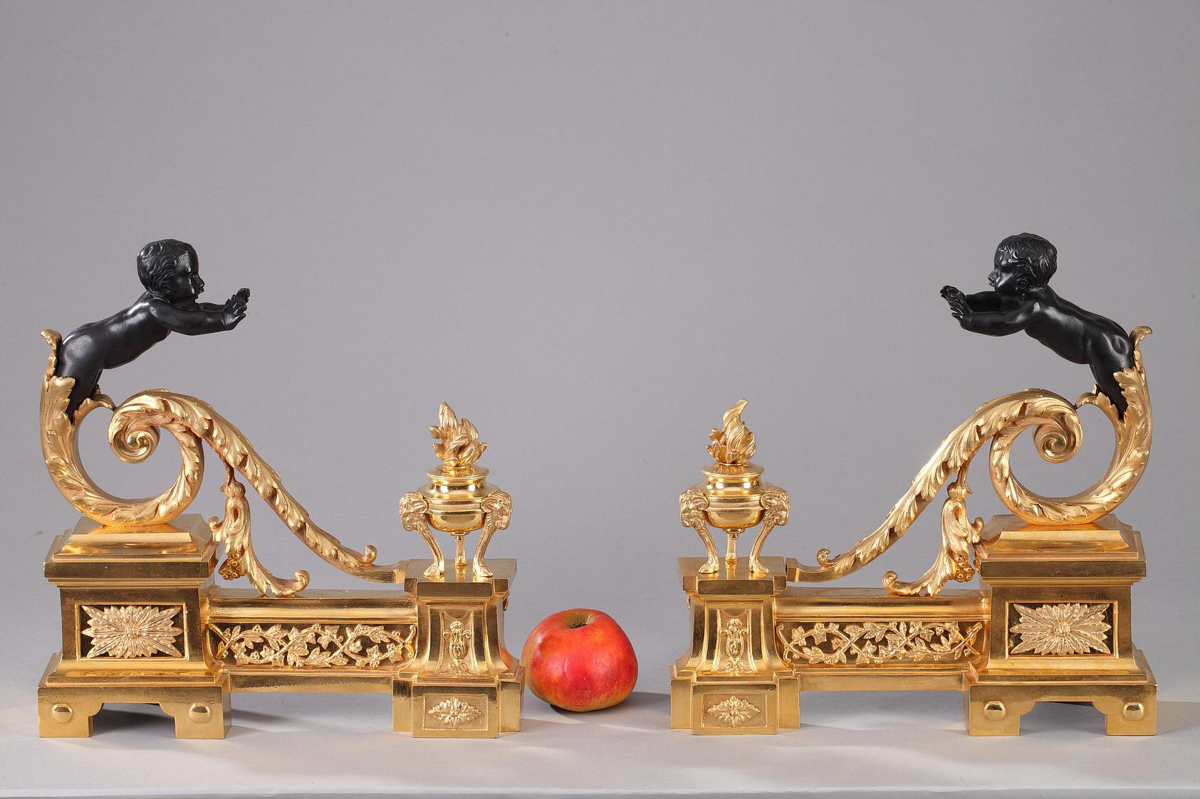 19th Century Gilt and Patinated Bronze Andirons in Louis XVI Style 7