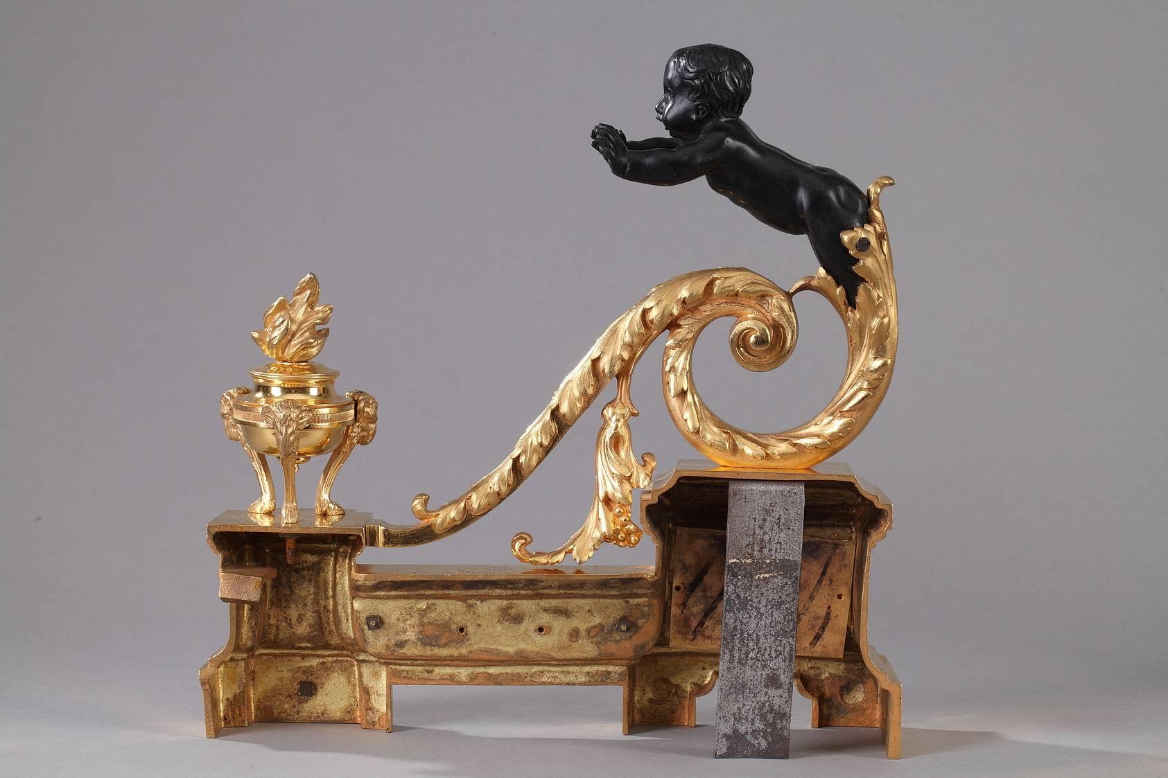 French 19th Century Gilt and Patinated Bronze Andirons in Louis XVI Style
