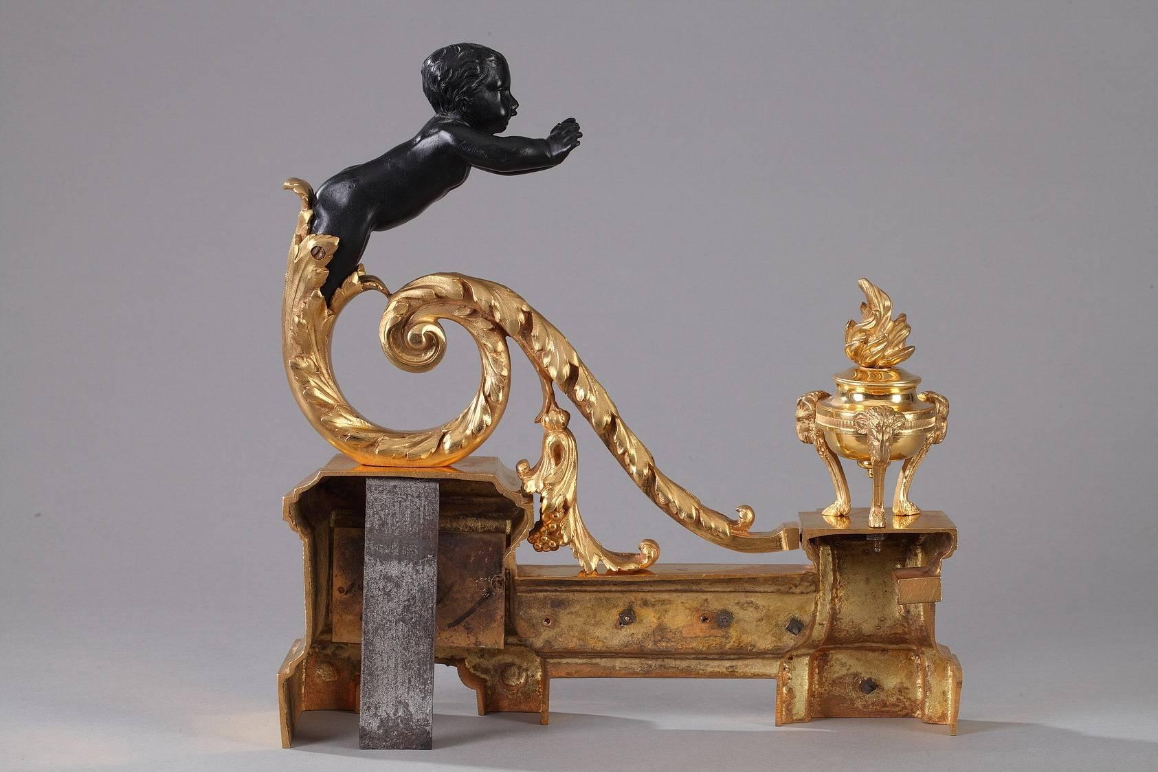 19th Century Gilt and Patinated Bronze Andirons in Louis XVI Style 3