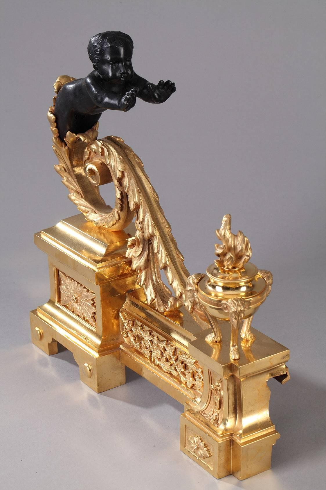 19th Century Gilt and Patinated Bronze Andirons in Louis XVI Style 5