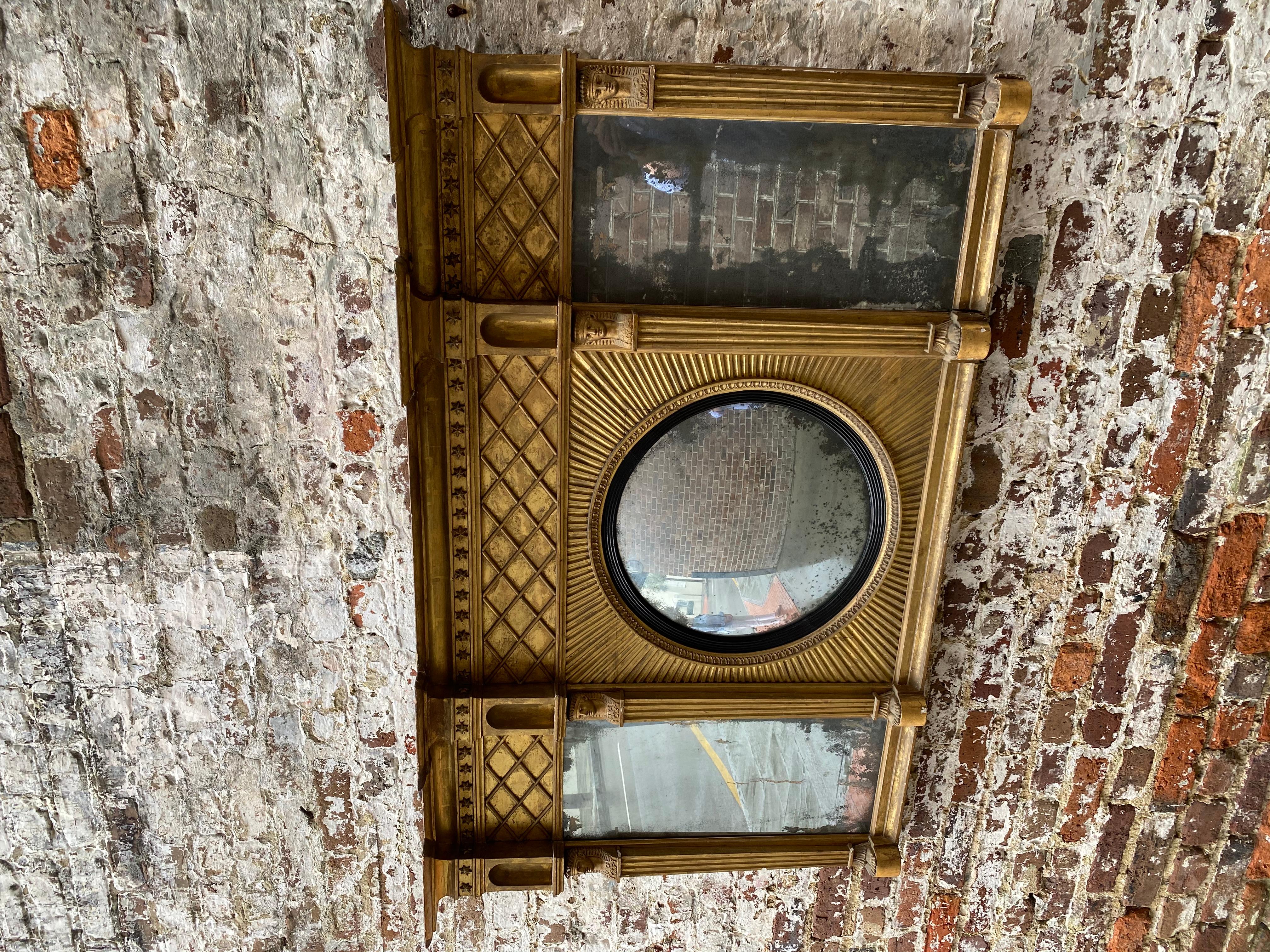 Egyptian Revival 19th Century Gilt and Wood Carved English Overmantel Mirror with Egyptian Motif