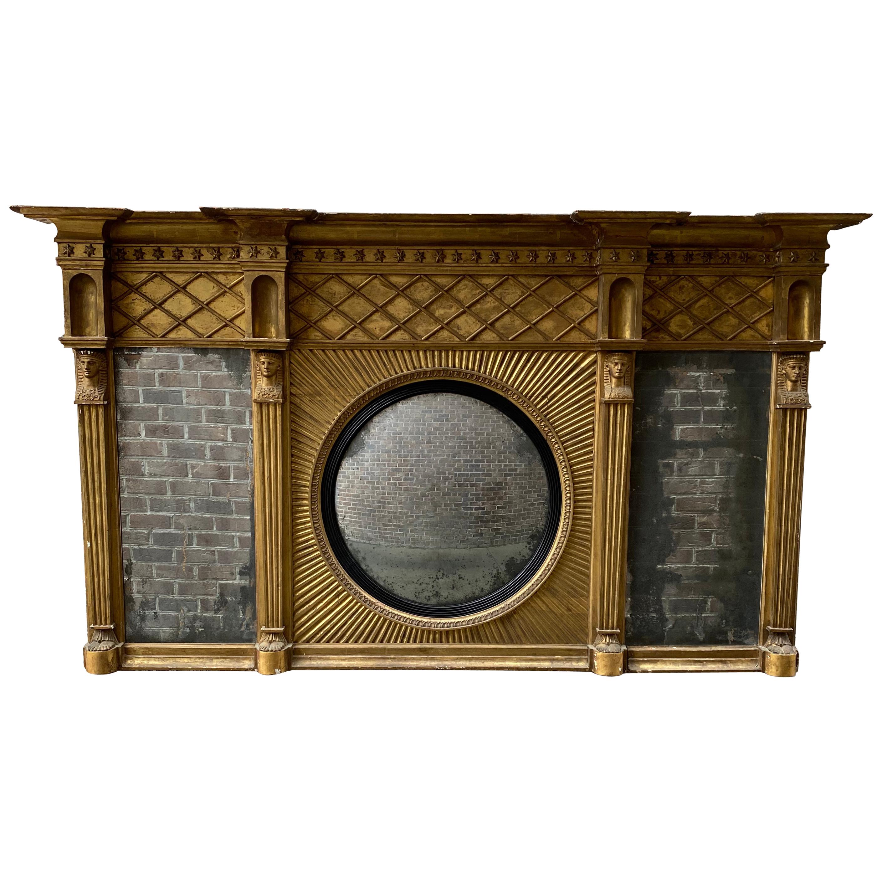 19th Century Gilt and Wood Carved English Overmantel Mirror with Egyptian Motif