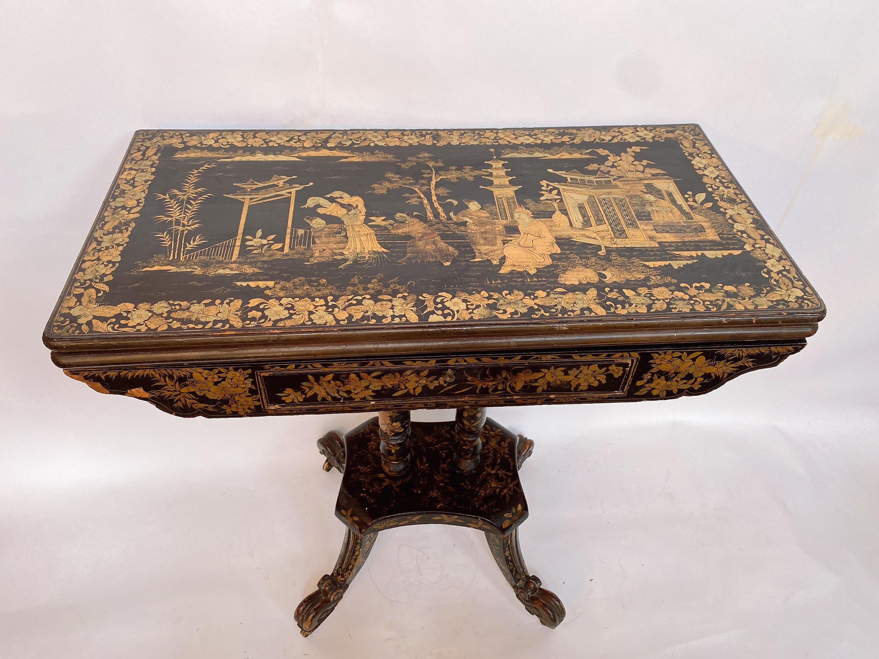 the 19th century of the Qing Dynasty in China, this gilt black lacquered chinoiseries France gaming table, it is decorated with the designs hand paint and gilt on black lacquer. see pictures for more.