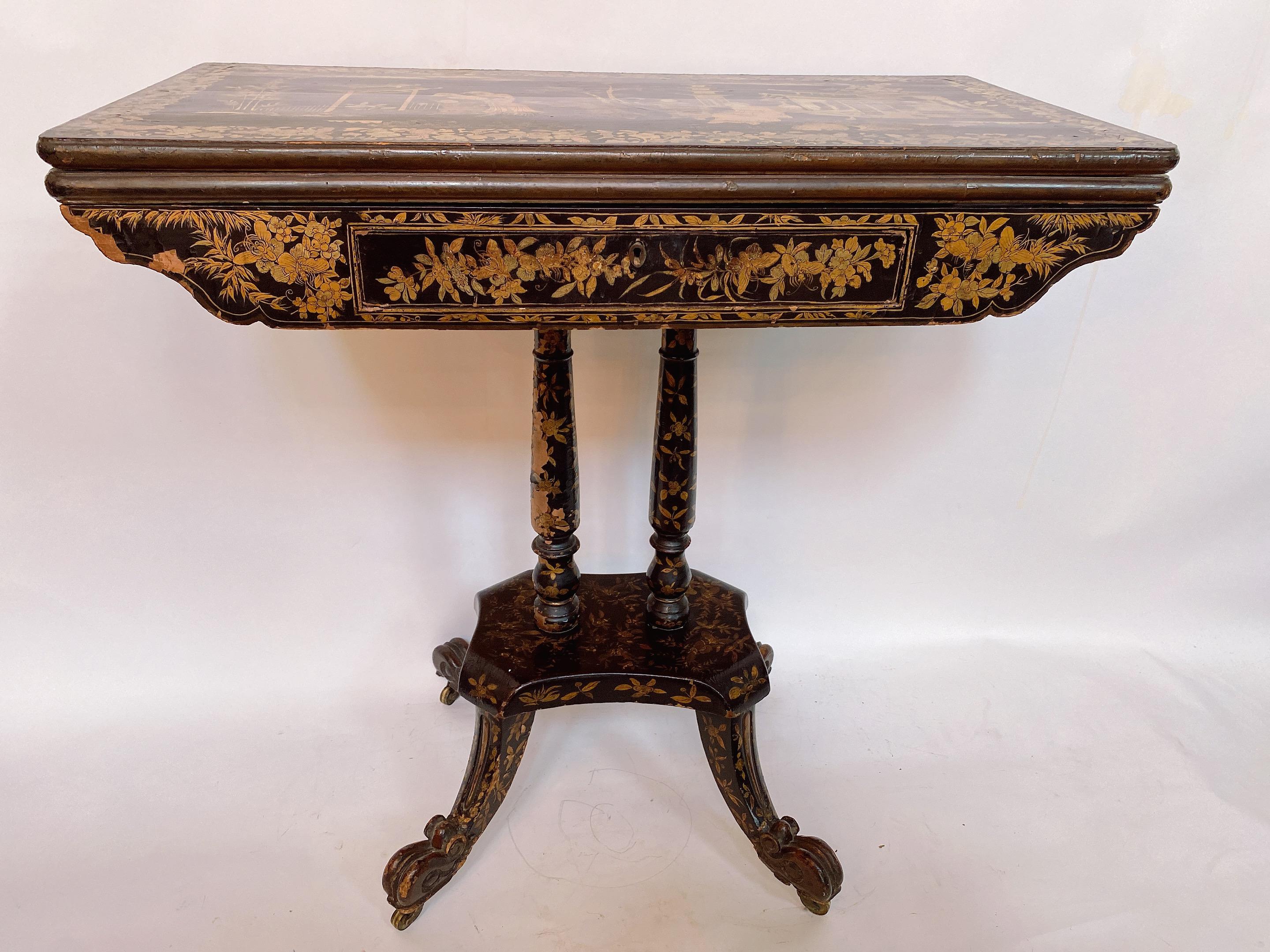 Chinese 19th Century Gilt Black Lacquer French Gaming Table