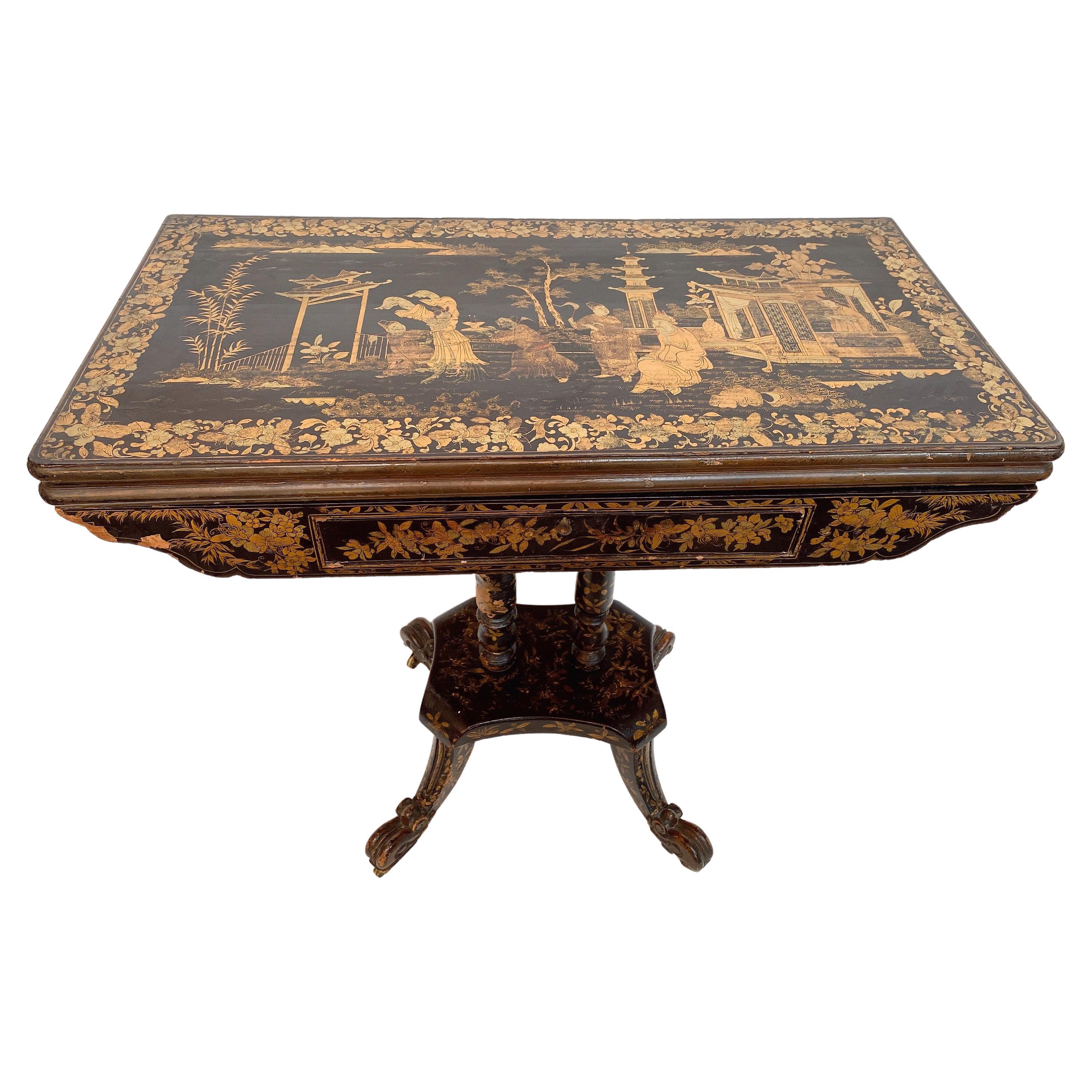 19th Century Gilt Black Lacquer French Gaming Table