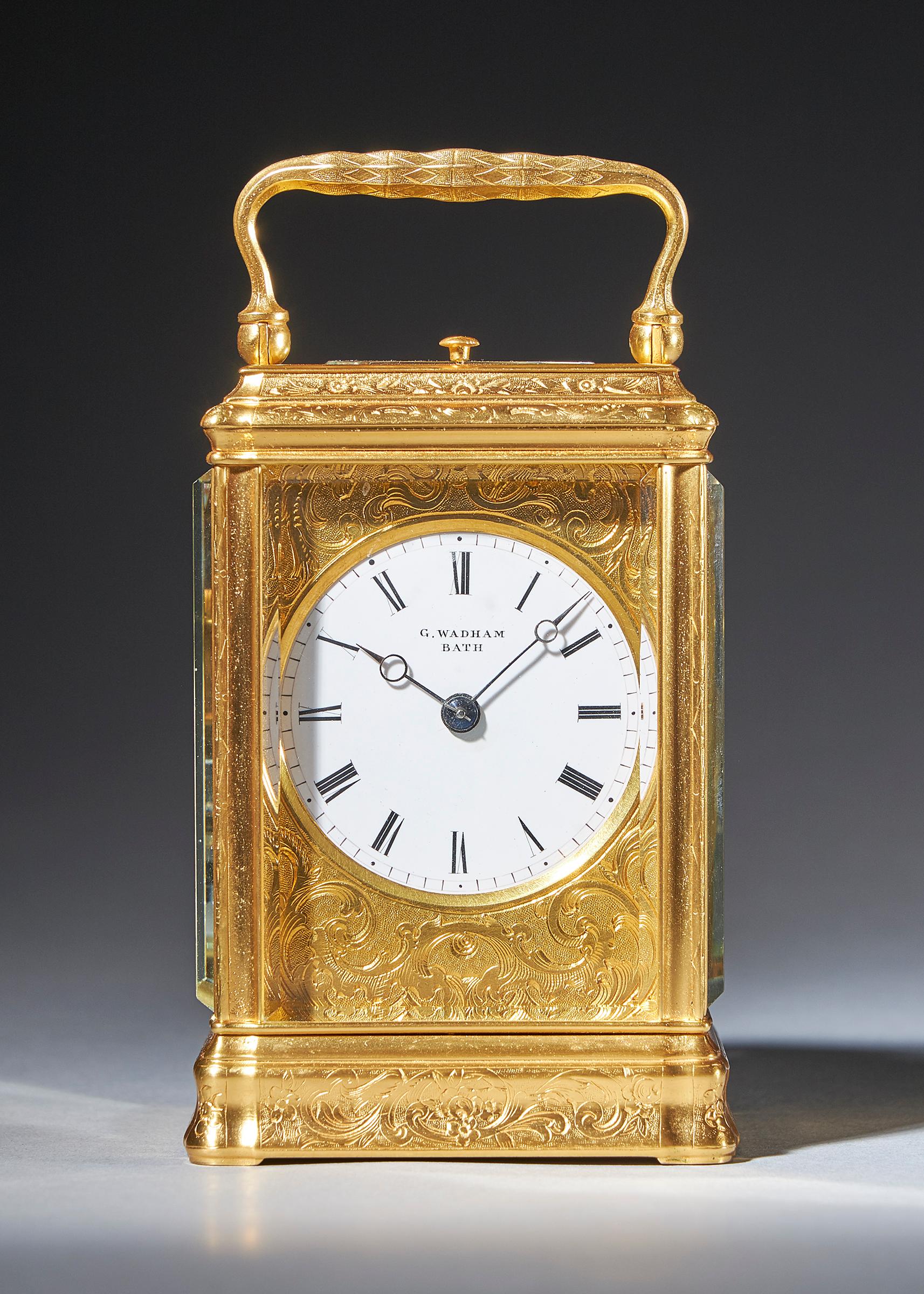 The superb engraved gilt brass gorge case has facetted glass panels to all sides so that the movement is almost entirely visible. The top has an oval window set in an engraved mask through which the original silvered platform escapement can be seen.