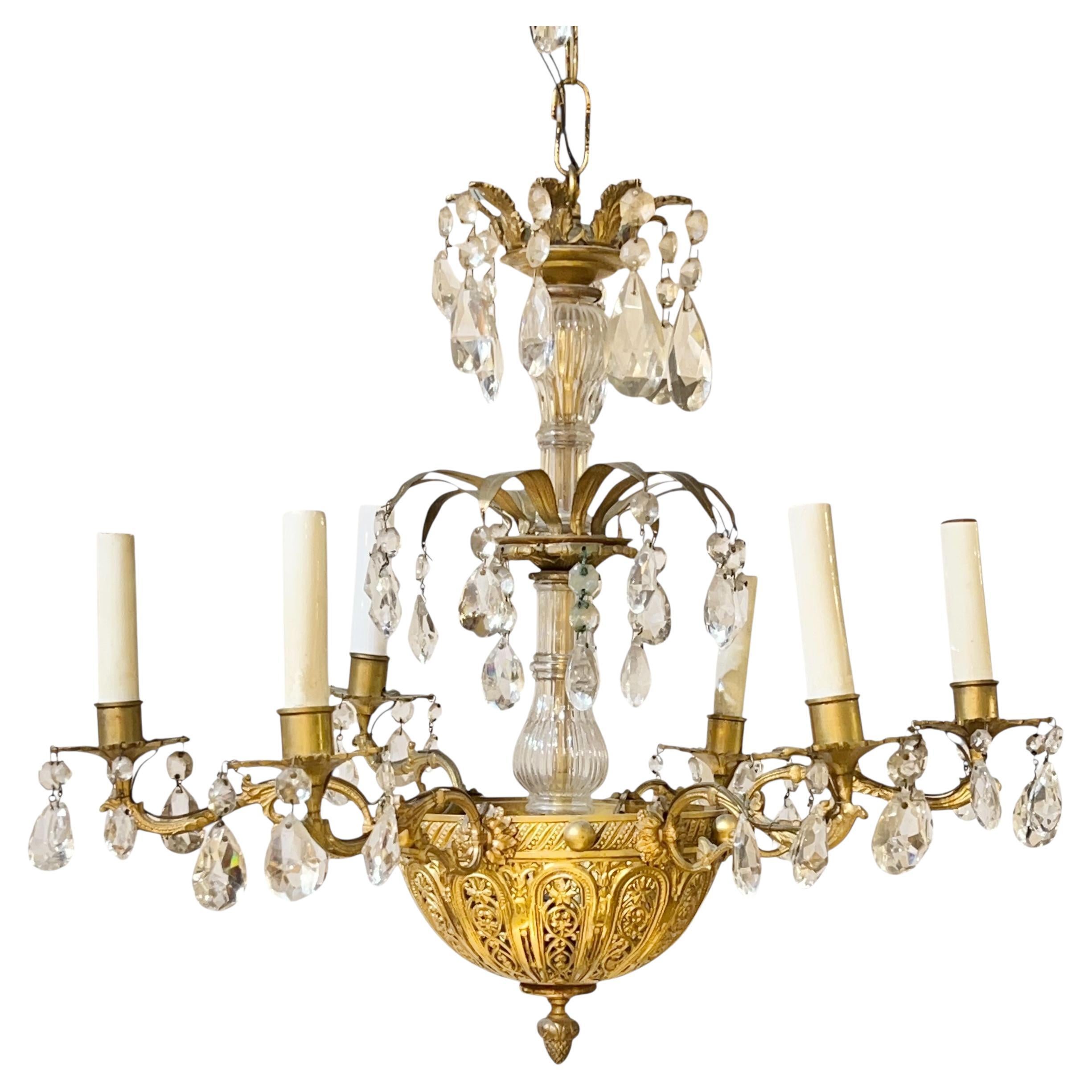 19th Century Gilt Bronze and Crystal Six Light Chandelier