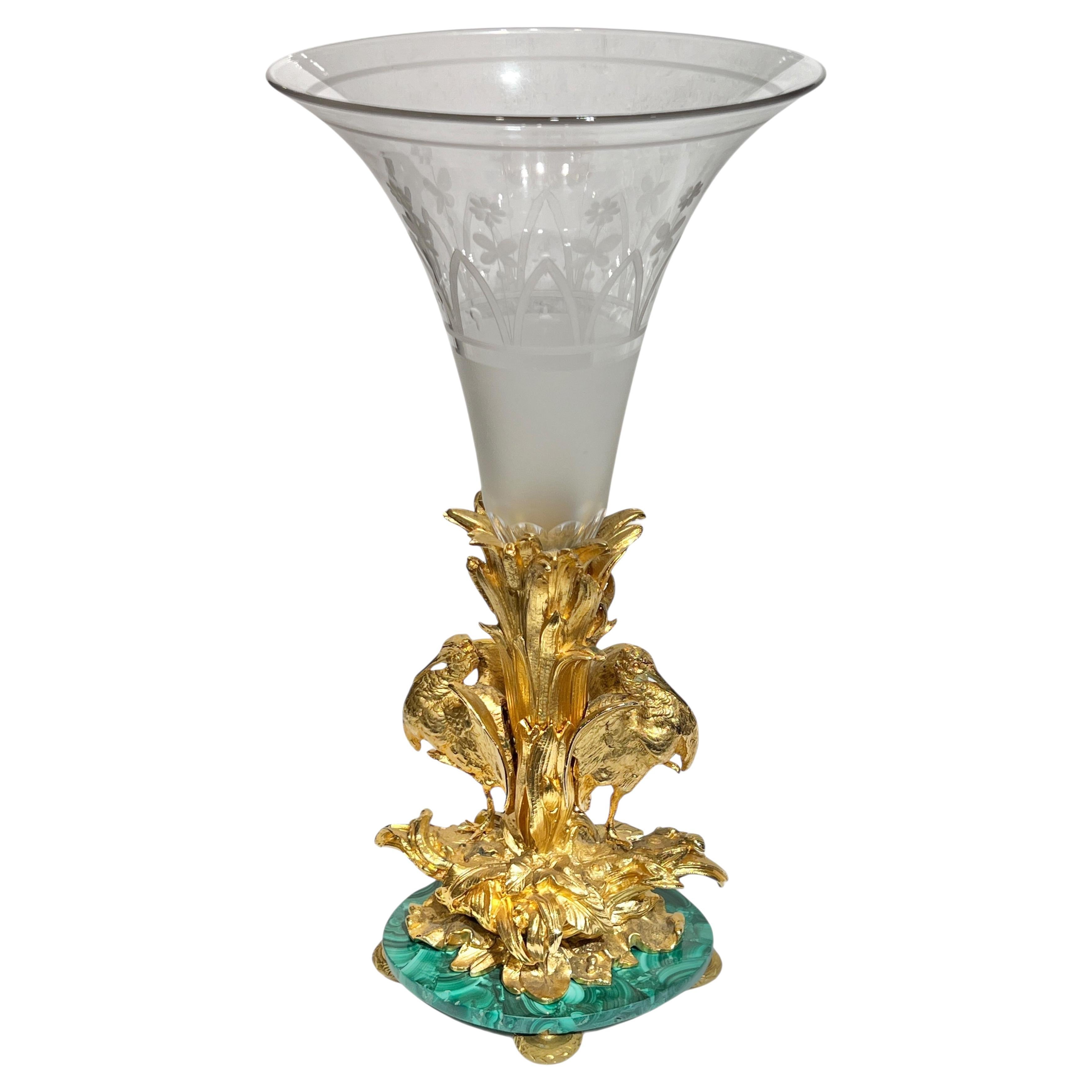 19th Century Gilt Bronze and Engraved Glass Flower Vase with Heron Birds For Sale