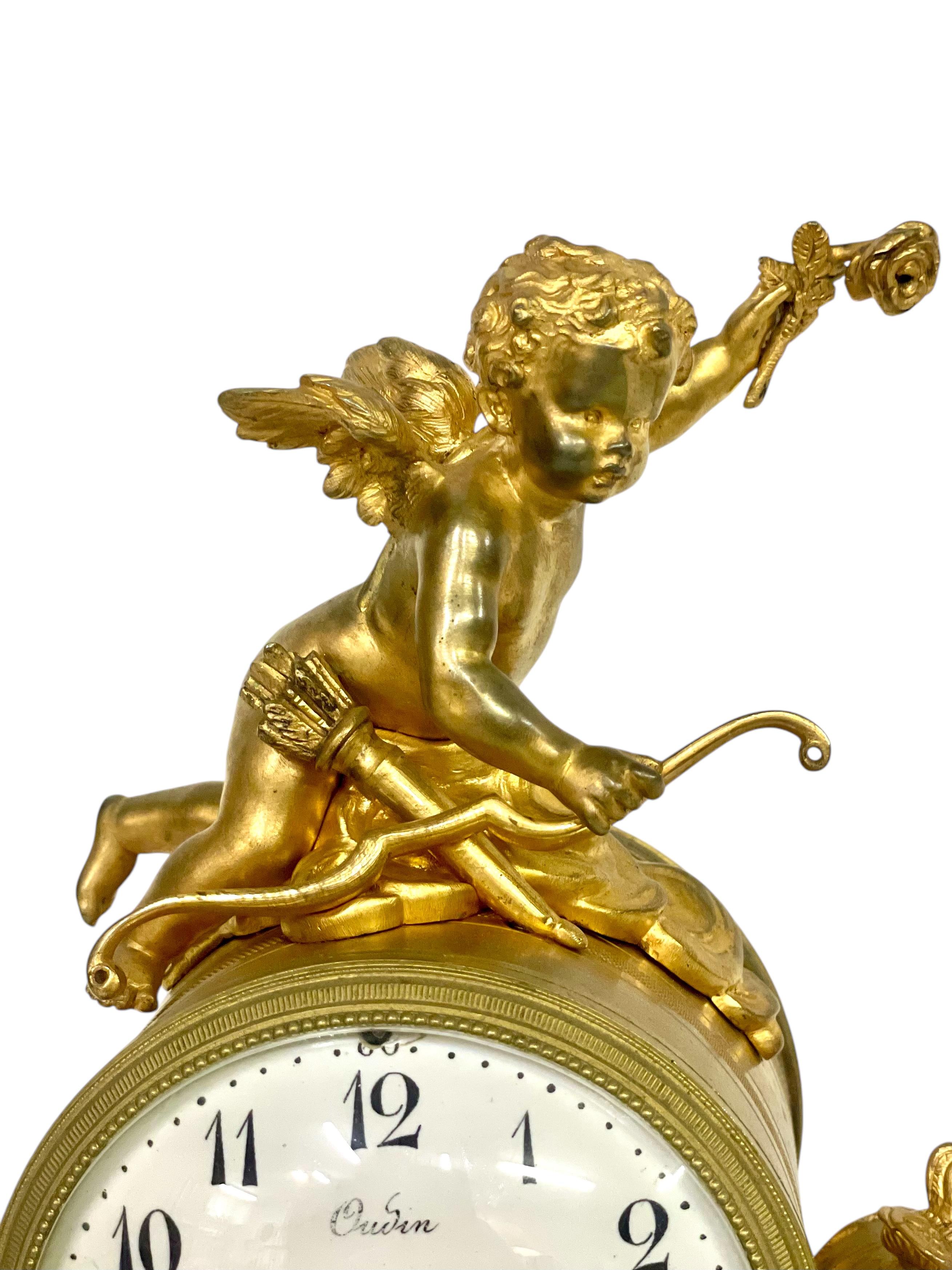 French 19th Century Gilt Bronze and Marble Clock, Signed Oudin à Marseille For Sale
