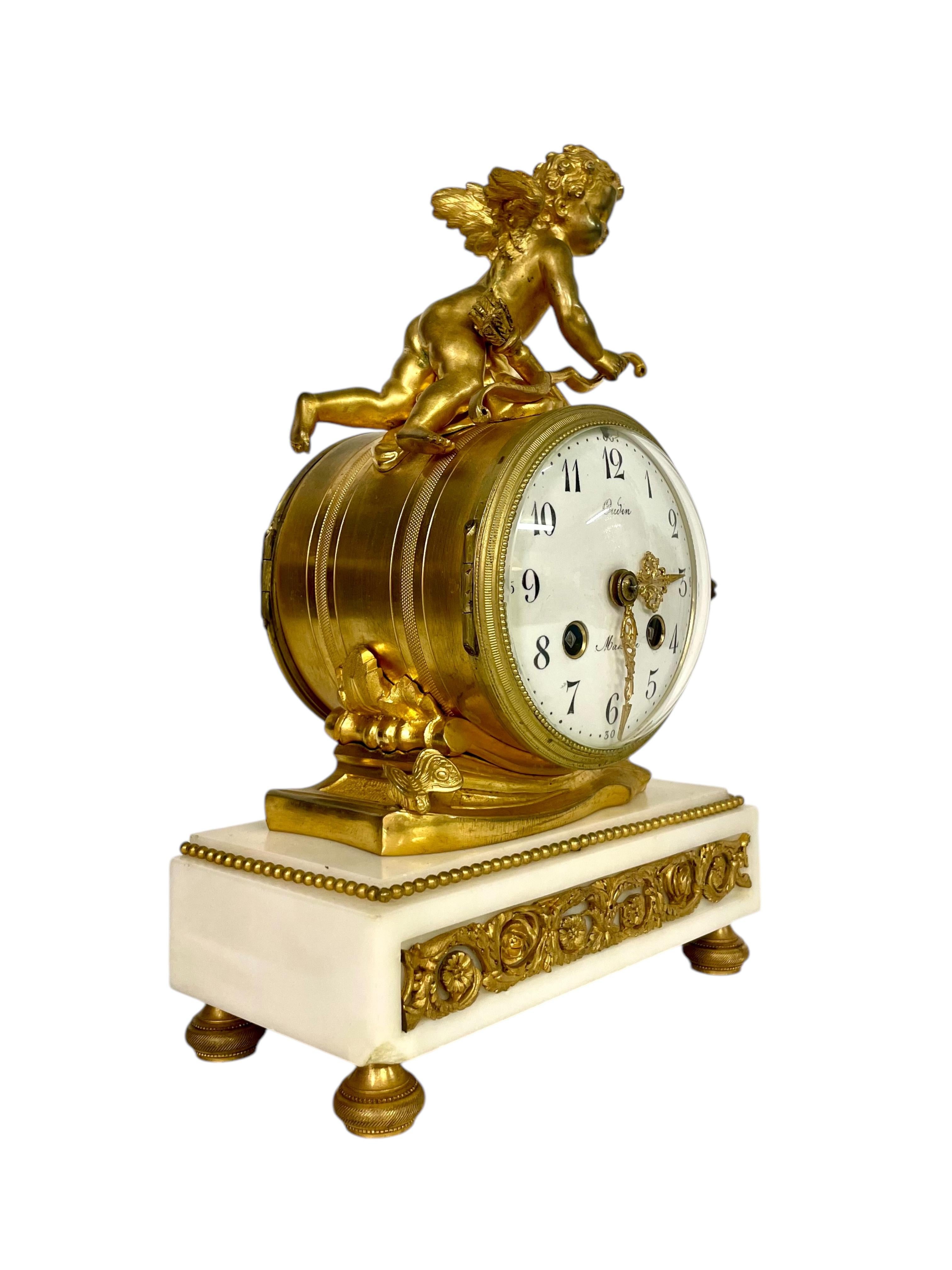 Enameled 19th Century Gilt Bronze and Marble Clock, Signed Oudin à Marseille For Sale