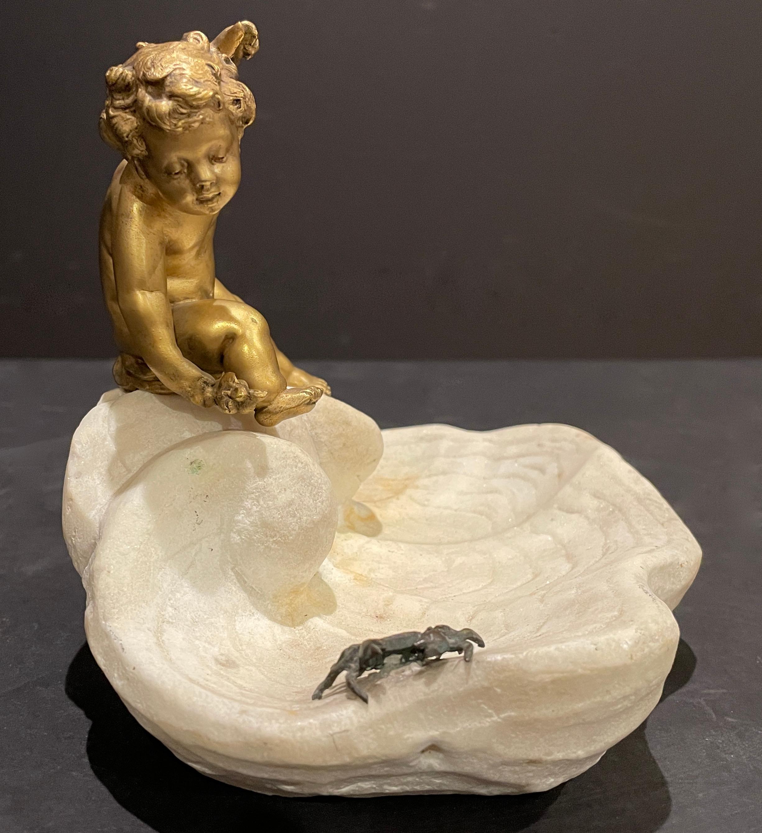 Belle Époque Gilt Bronze Boy On Marble Shell With Crab For Sale