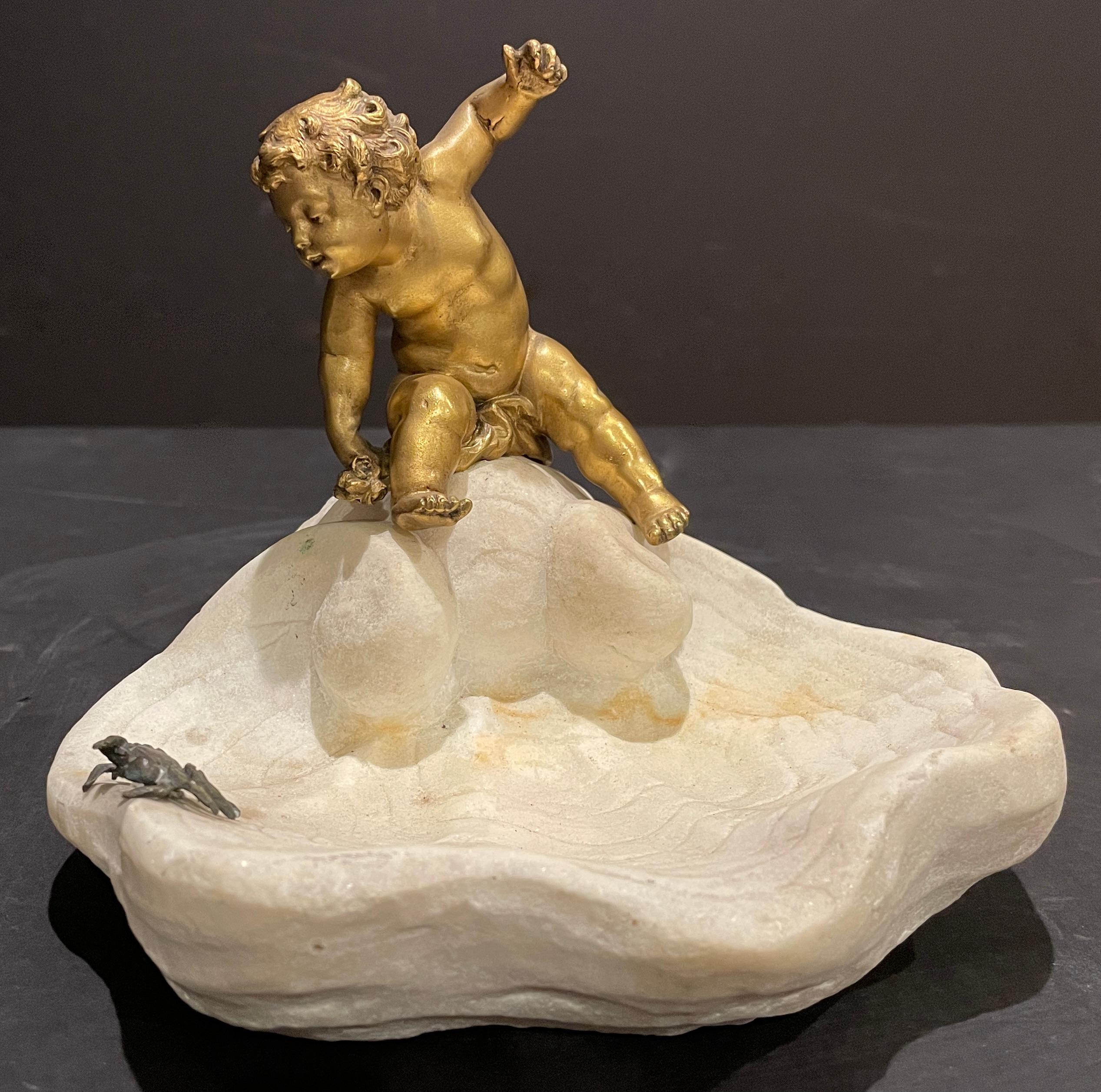 French Gilt Bronze Boy On Marble Shell With Crab For Sale
