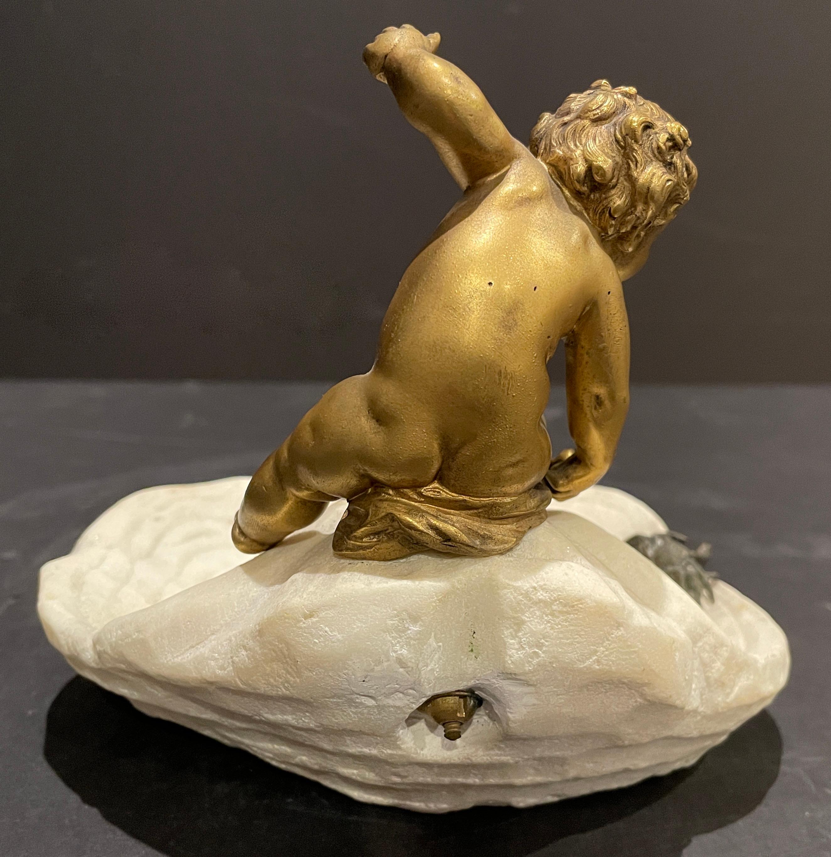 Patinated Gilt Bronze Boy On Marble Shell With Crab For Sale