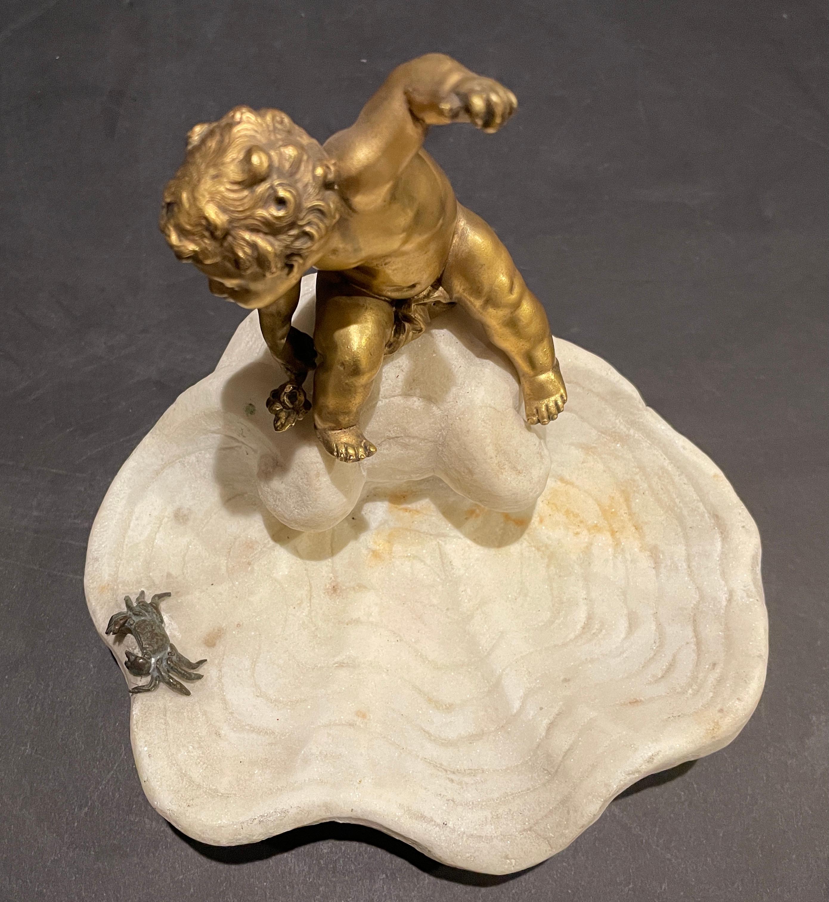 Gilt Bronze Boy On Marble Shell With Crab In Good Condition For Sale In Norwood, NJ