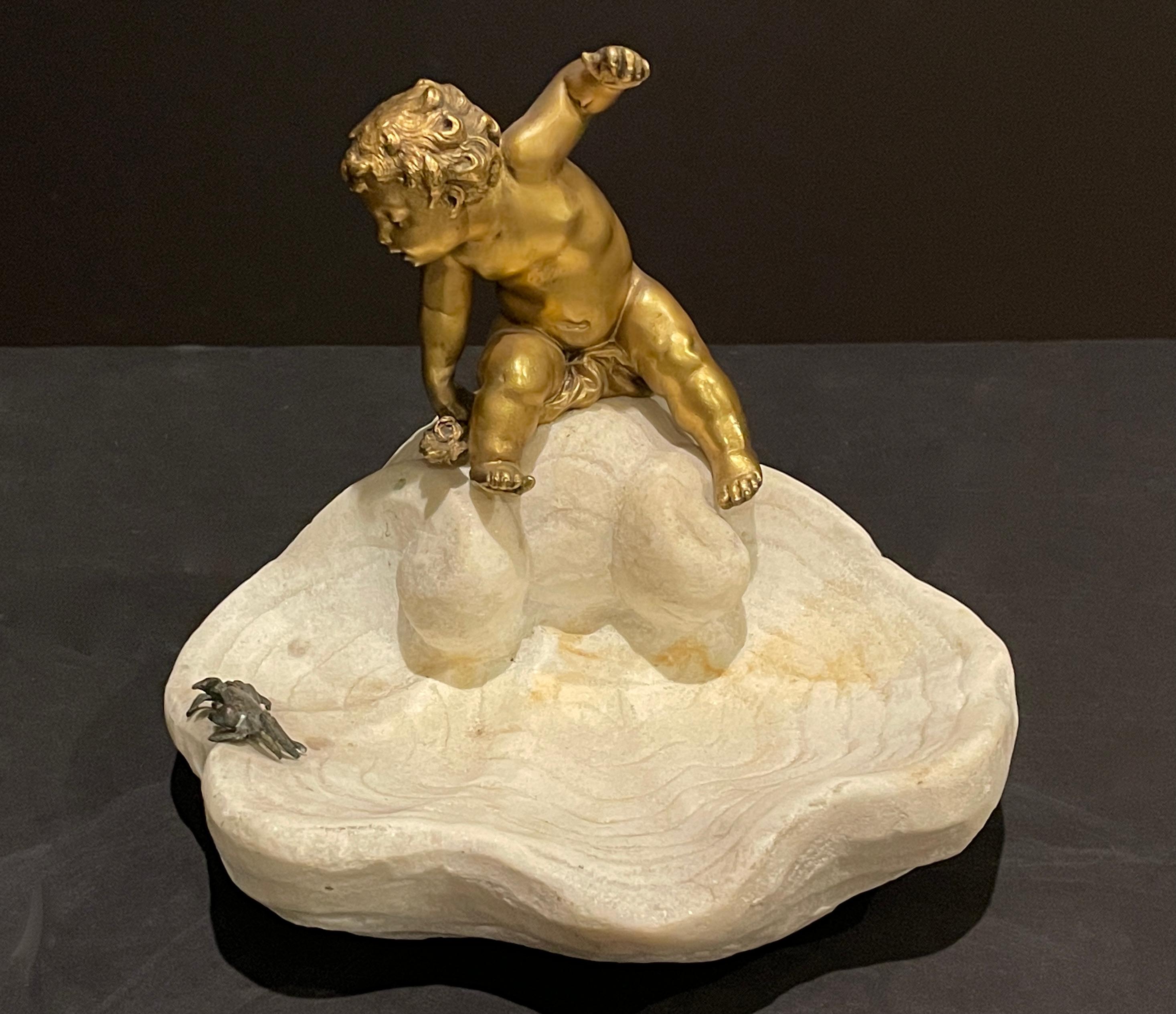 19th Century Gilt Bronze Boy On Marble Shell With Crab For Sale
