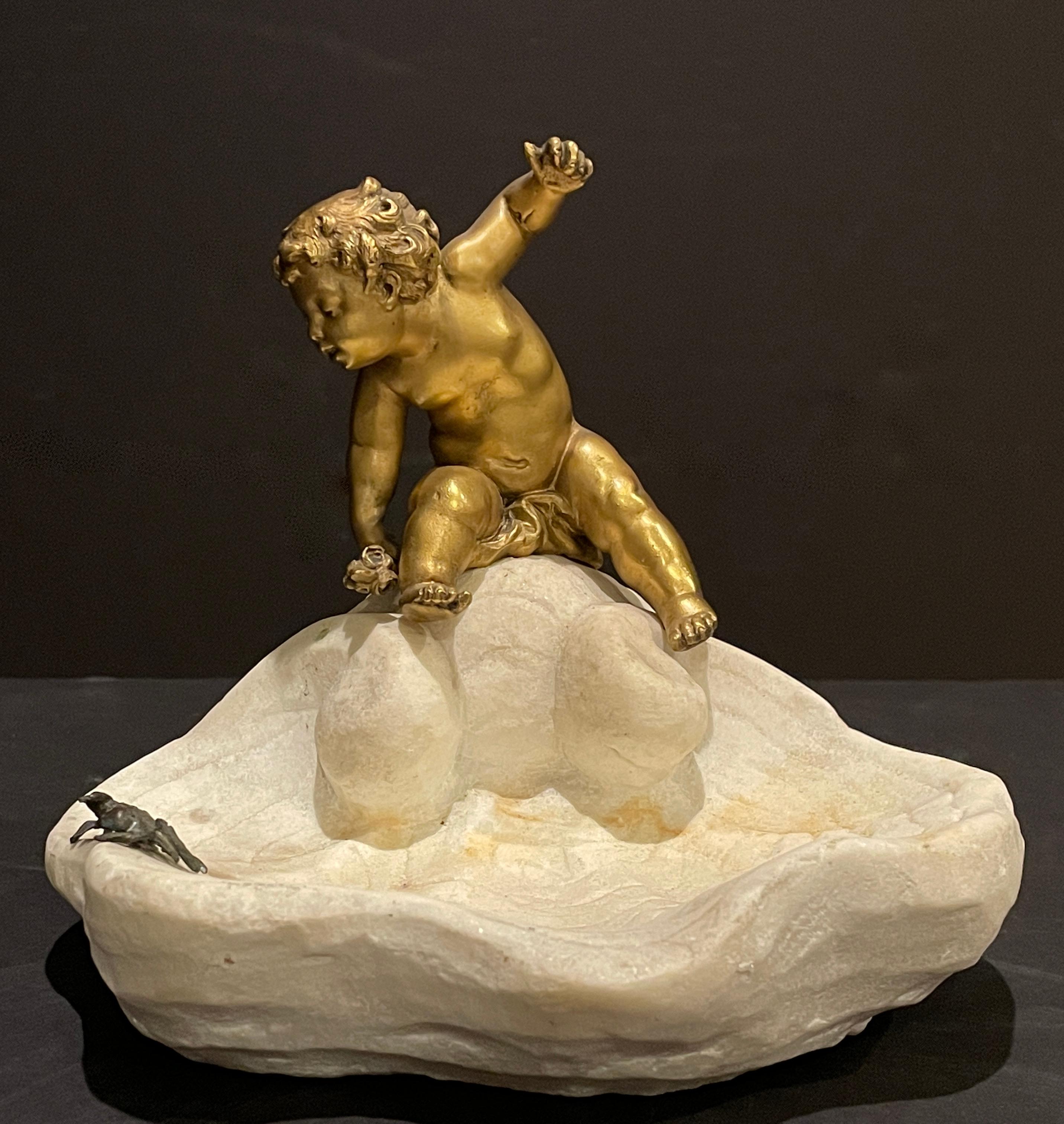 Gilt Bronze Boy On Marble Shell With Crab For Sale 1