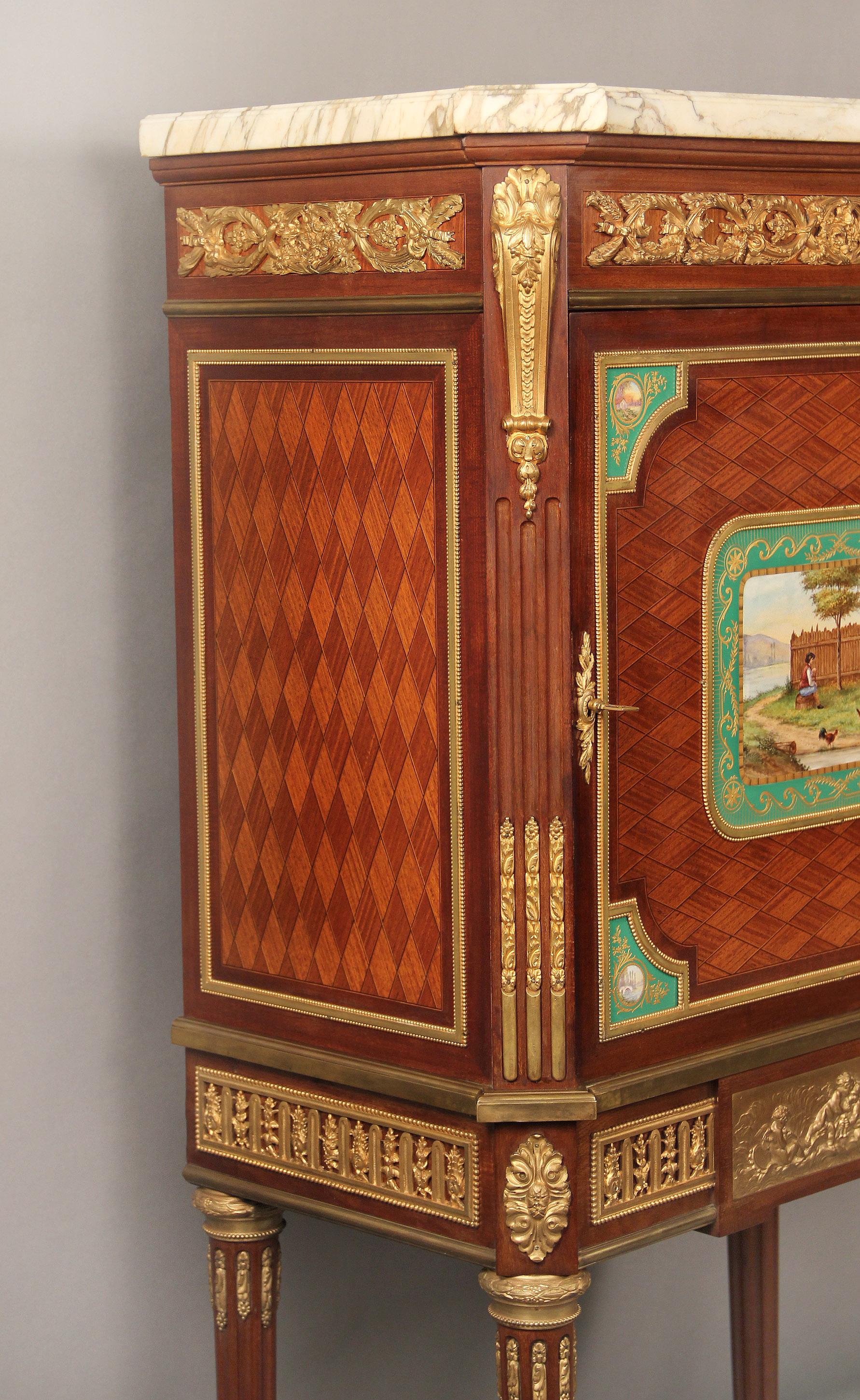 French 19th Century Gilt Bronze and Sèvres Style Porcelain Mounted Parquetry Cabinet For Sale