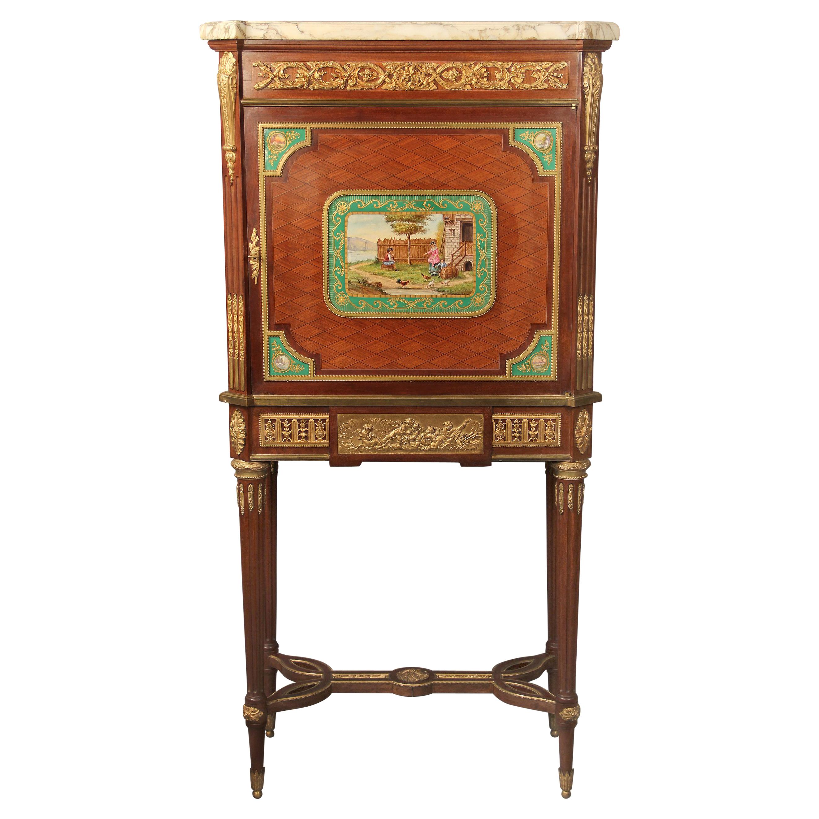 19th Century Gilt Bronze and Sèvres Style Porcelain Mounted Parquetry Cabinet For Sale