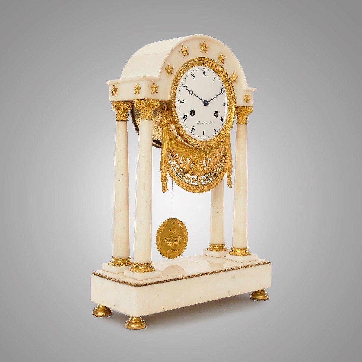 Louis XVI 19th Century Gilt Bronze and White Marble Portico Clock For Sale
