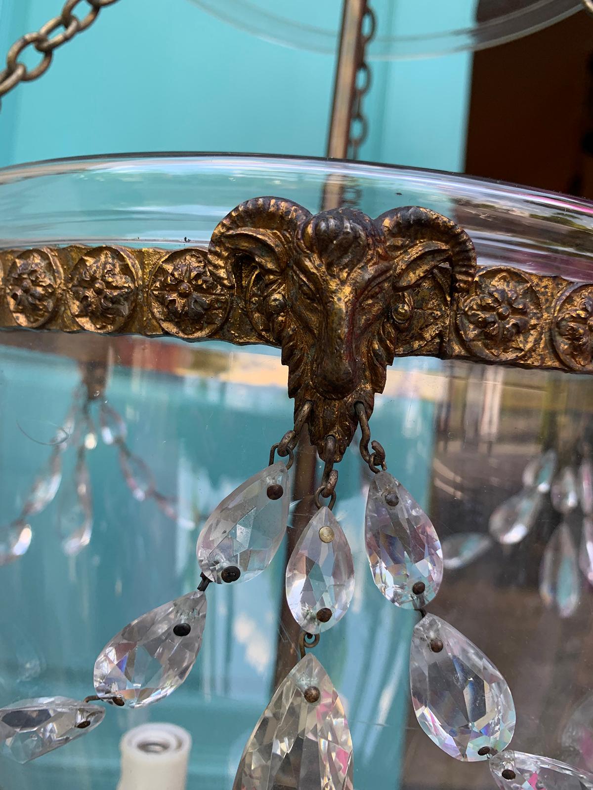 19th Century Gilt Bronze Bell Jar Lantern with Rams Heads & Crystals In Good Condition In Atlanta, GA
