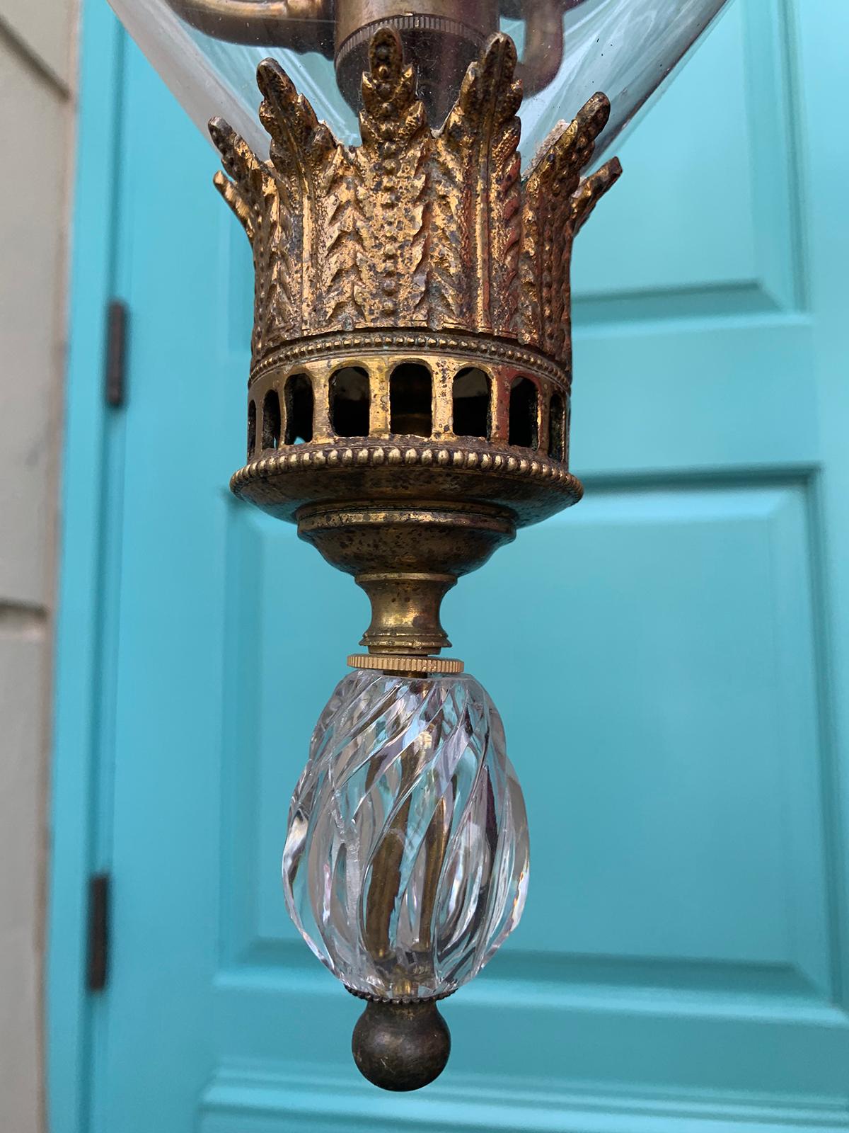 Glass 19th Century Gilt Bronze Bell Jar Lantern with Rams Heads & Crystals