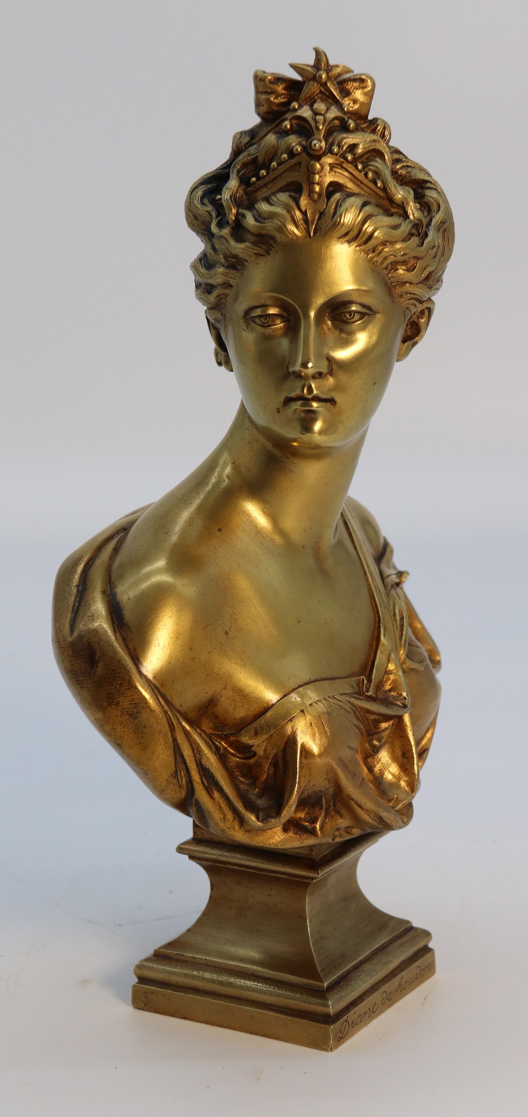 19th century gilt bronze bust of Diana the Huntress after Jean A Houdon C1870 7