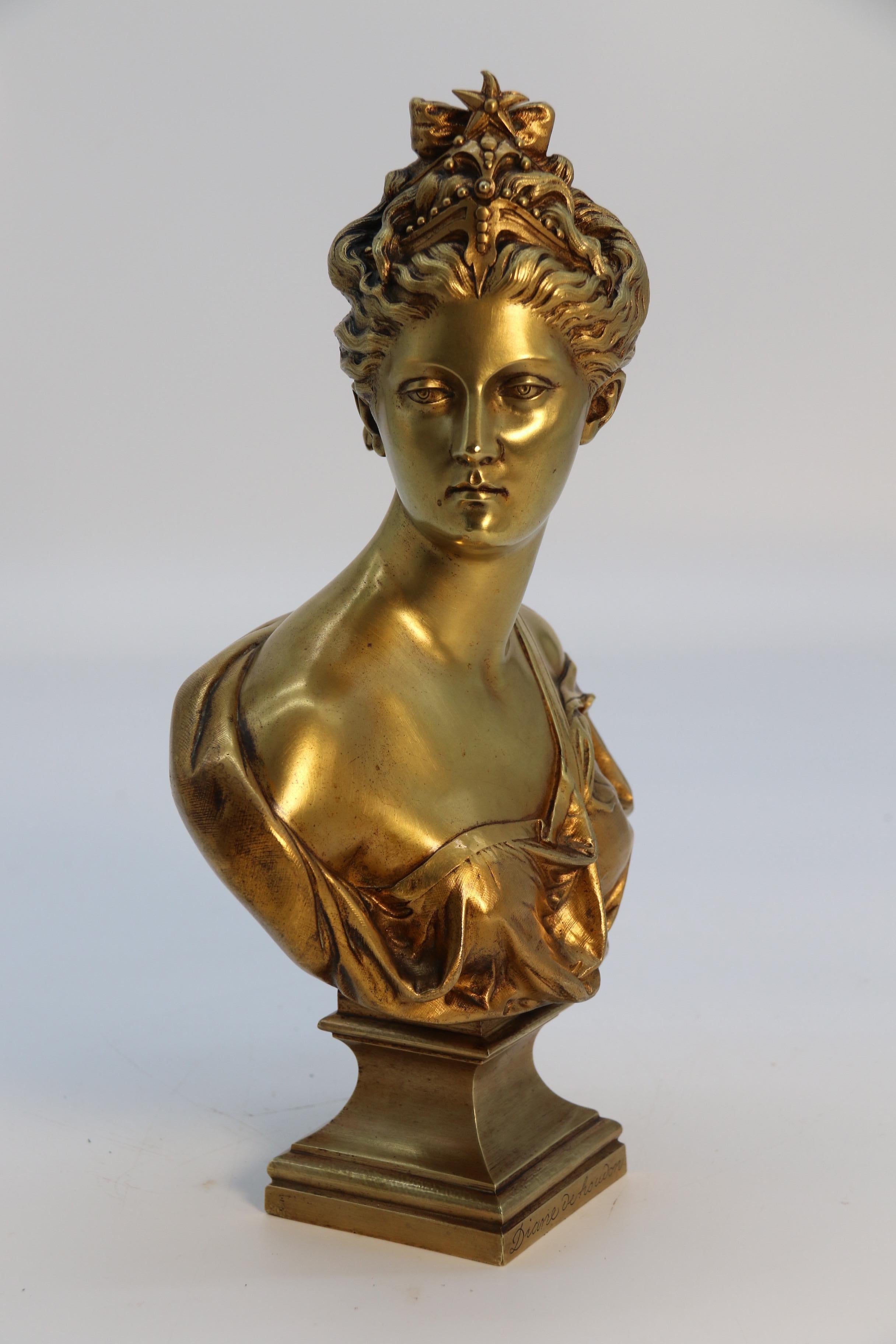This very pleasing mellow gilt bronze portrait bust depicts Dianna the Huntress. She was a goddess in Roman and Hellenistic religions and was considered a patroness of the countryside, hunters, crossroads and the moon. She equated to the Greek