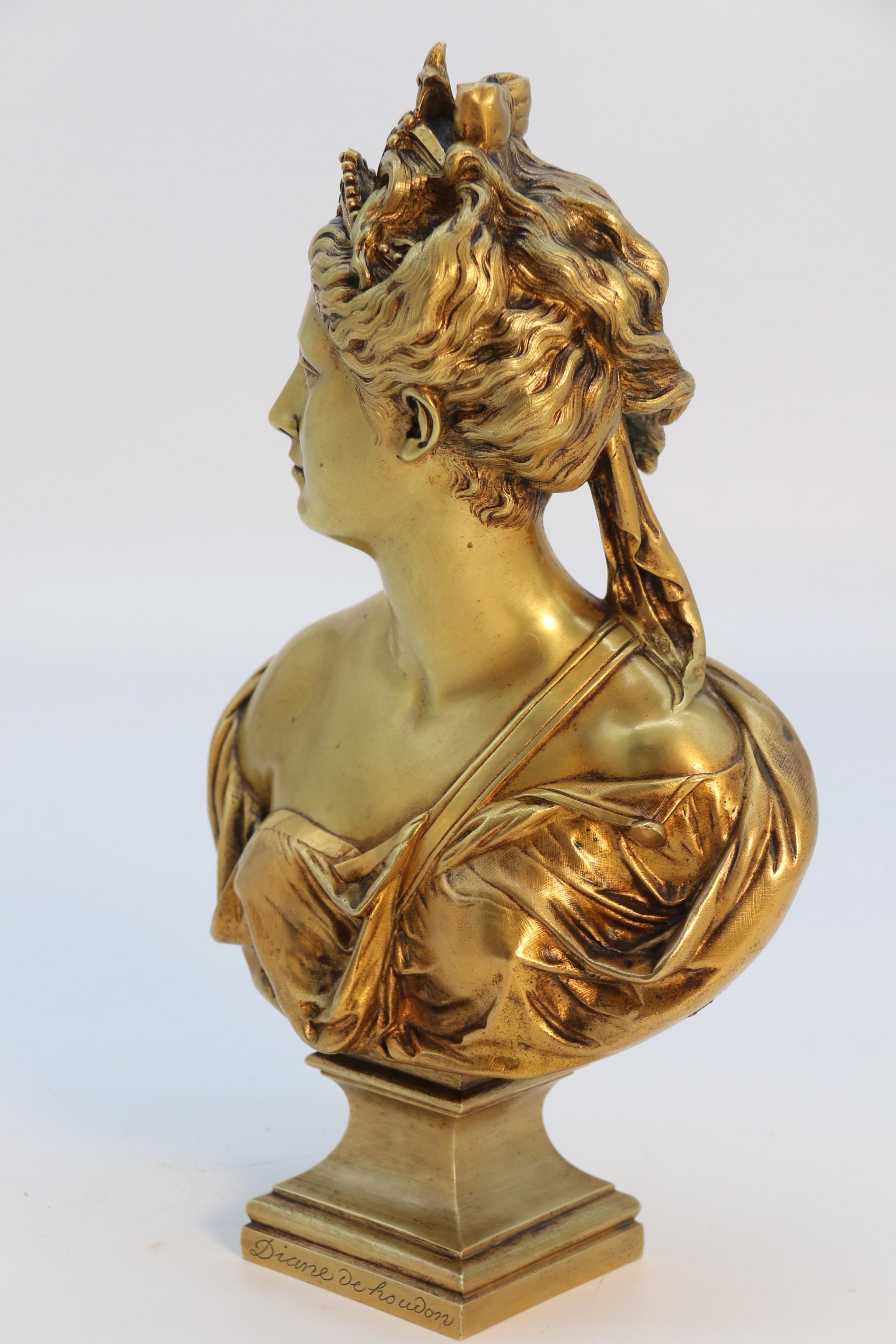 Classical Greek 19th century gilt bronze bust of Diana the Huntress after Jean A Houdon C1870