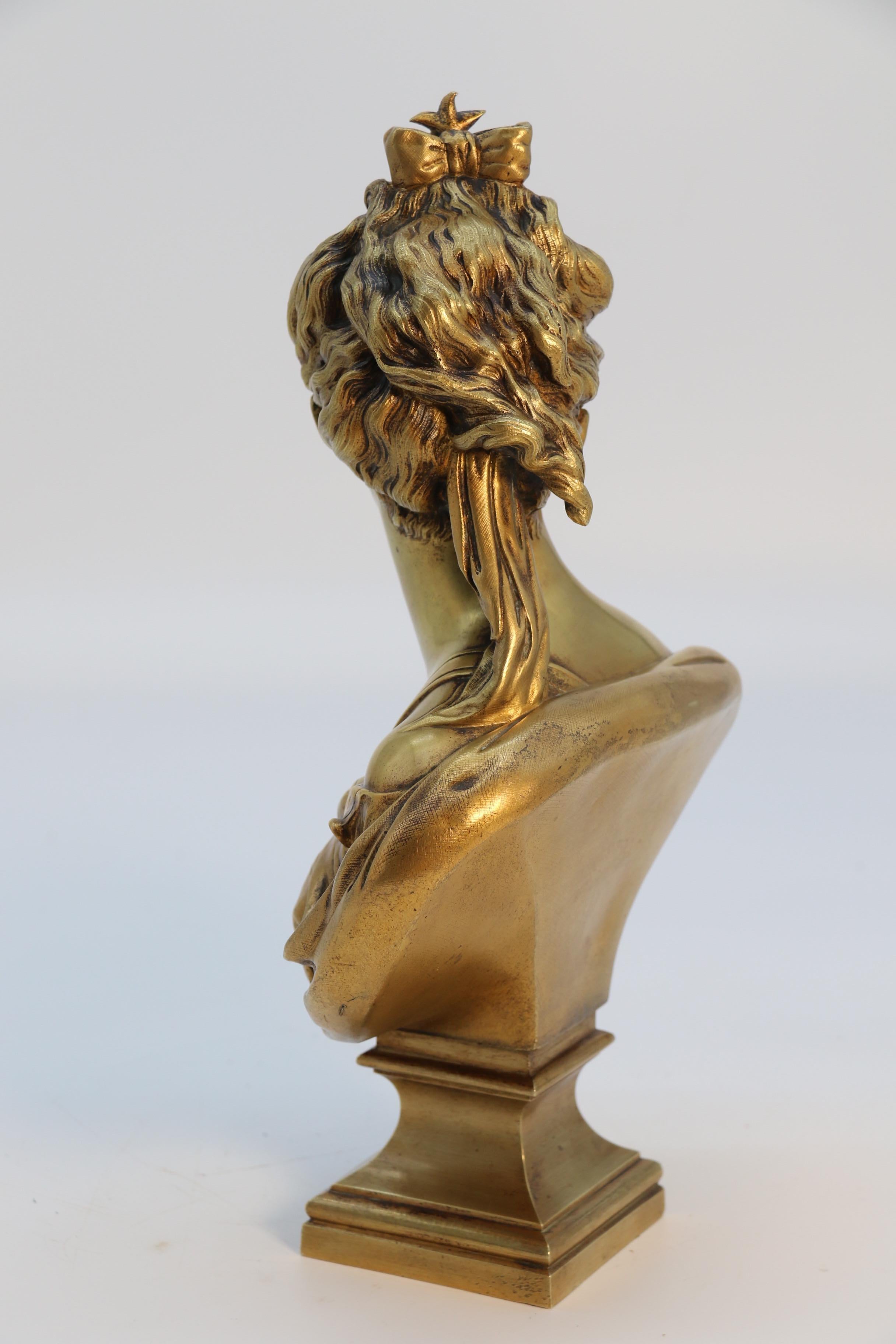 Gilt 19th century gilt bronze bust of Diana the Huntress after Jean A Houdon C1870