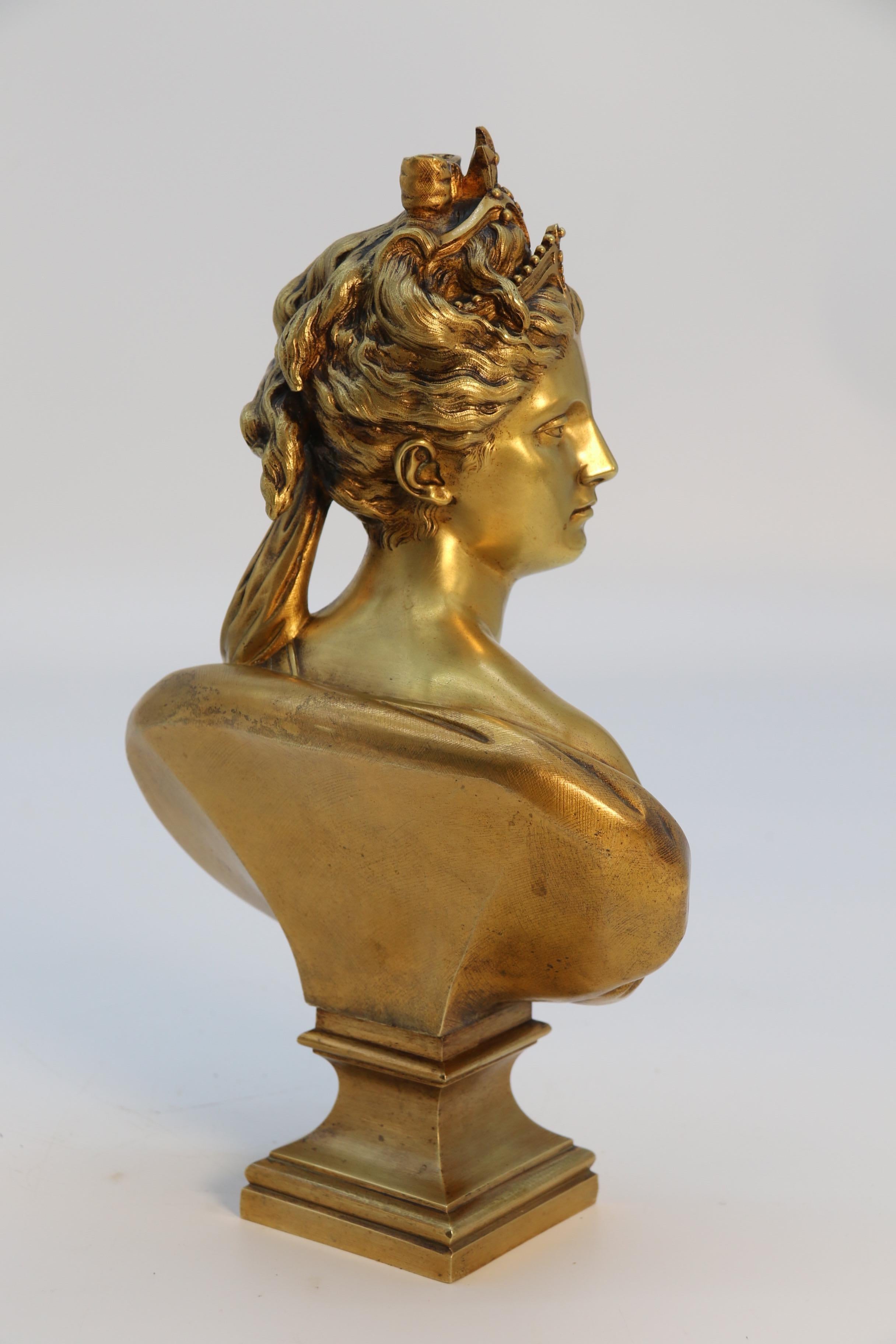 Late 19th Century 19th century gilt bronze bust of Diana the Huntress after Jean A Houdon C1870