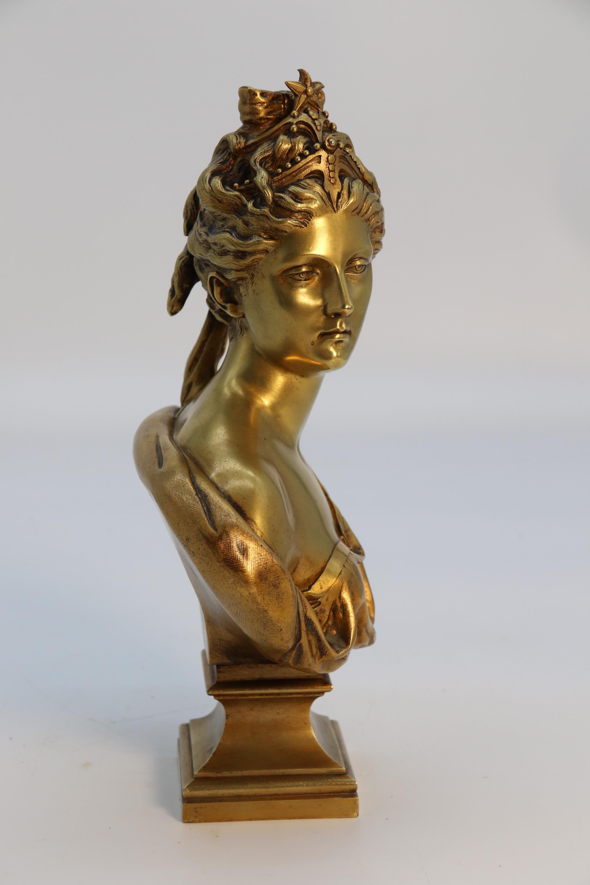 Bronze 19th century gilt bronze bust of Diana the Huntress after Jean A Houdon C1870