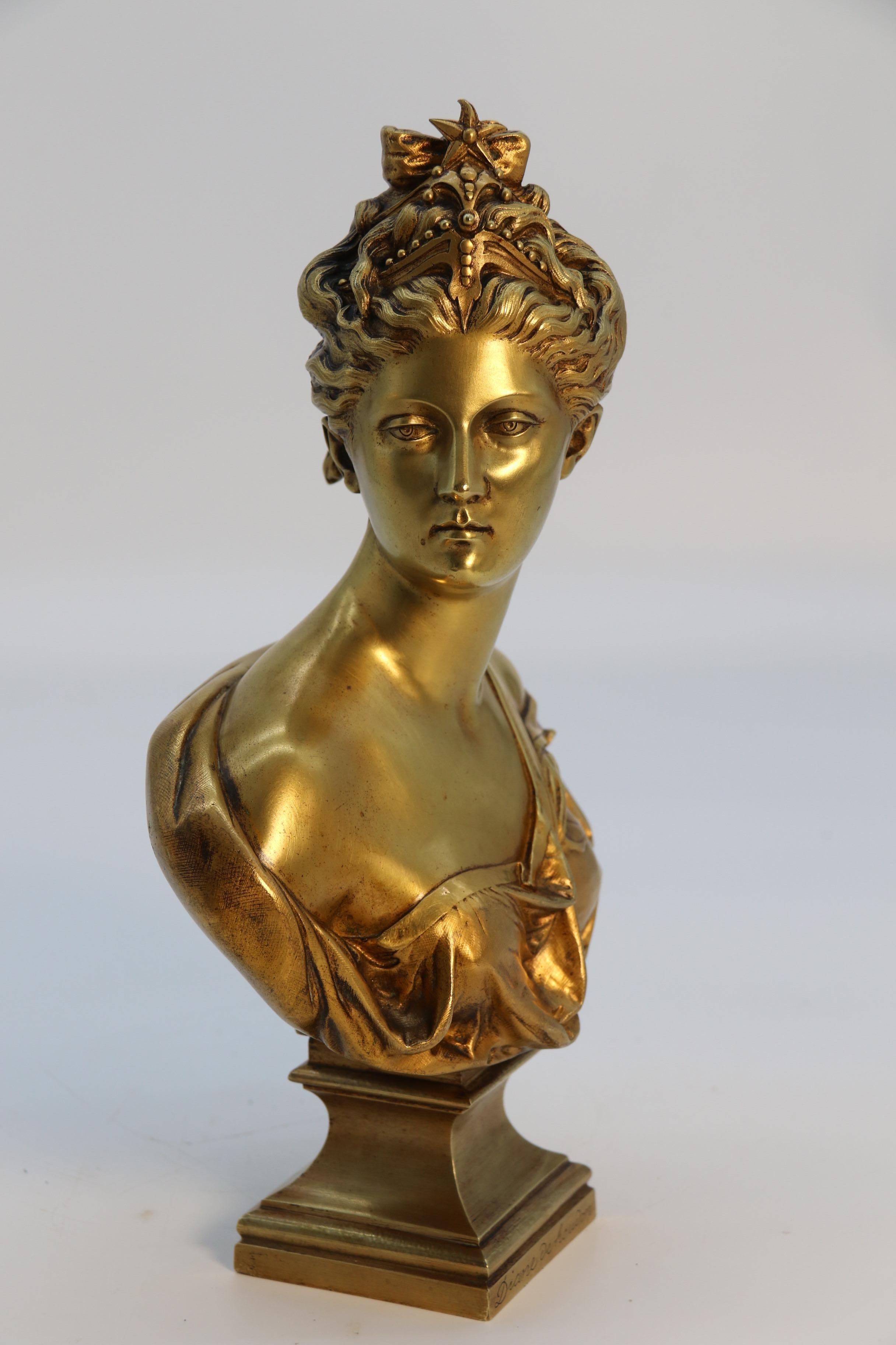 19th century gilt bronze bust of Diana the Huntress after Jean A Houdon C1870 1