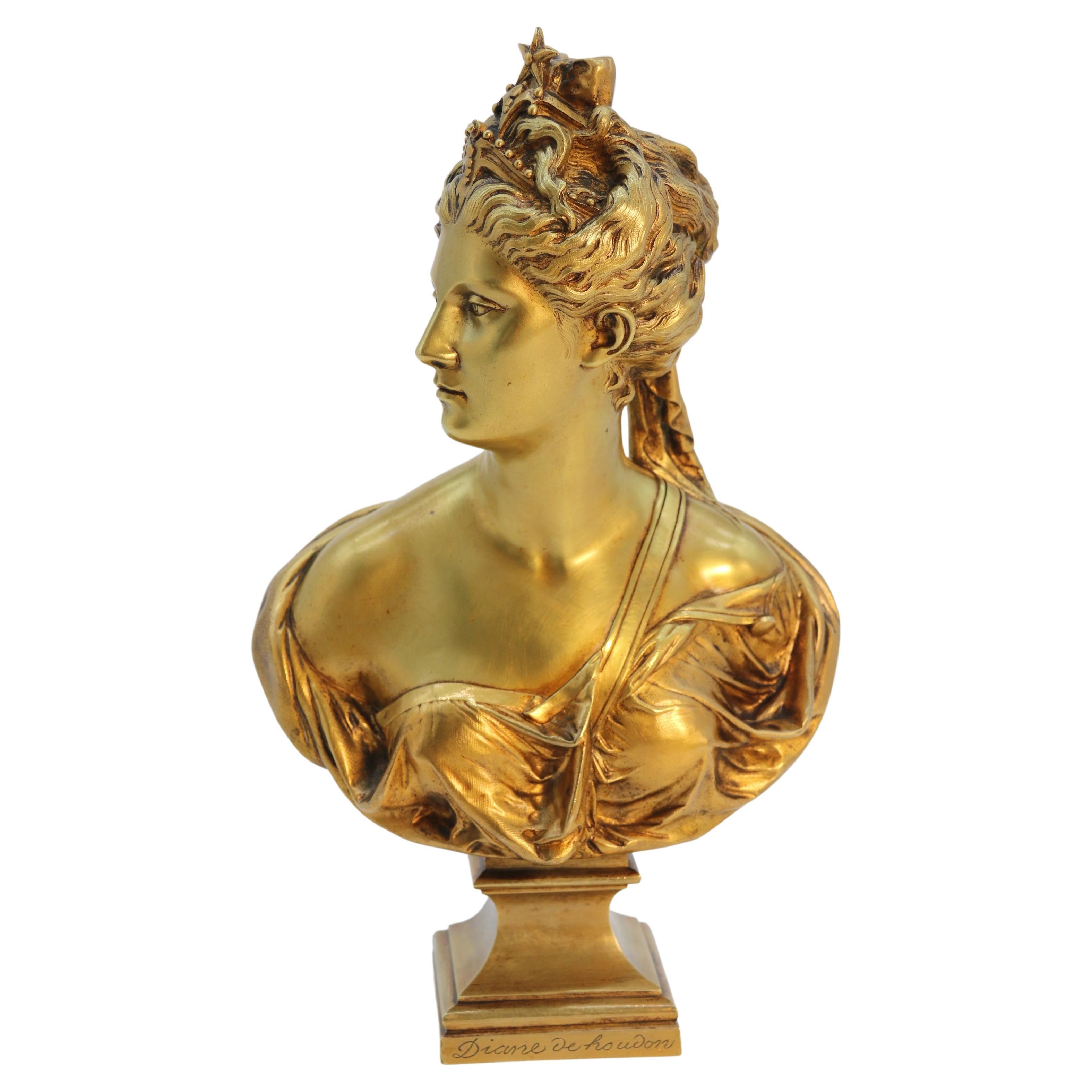 19th century gilt bronze bust of Diana the Huntress after Jean A Houdon C1870