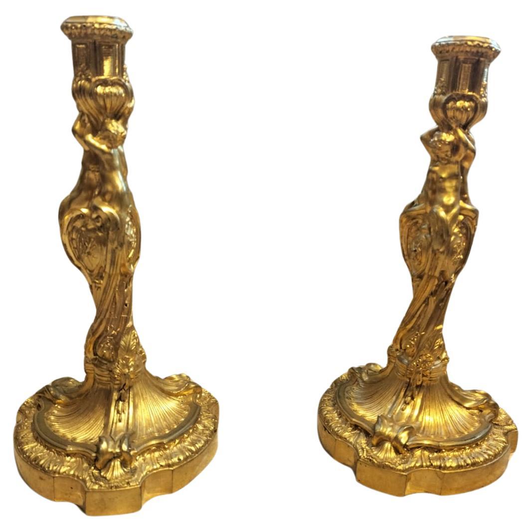 19th Century Gilt Bronze Candleholders, in the style of Ernest Meissonier  For Sale