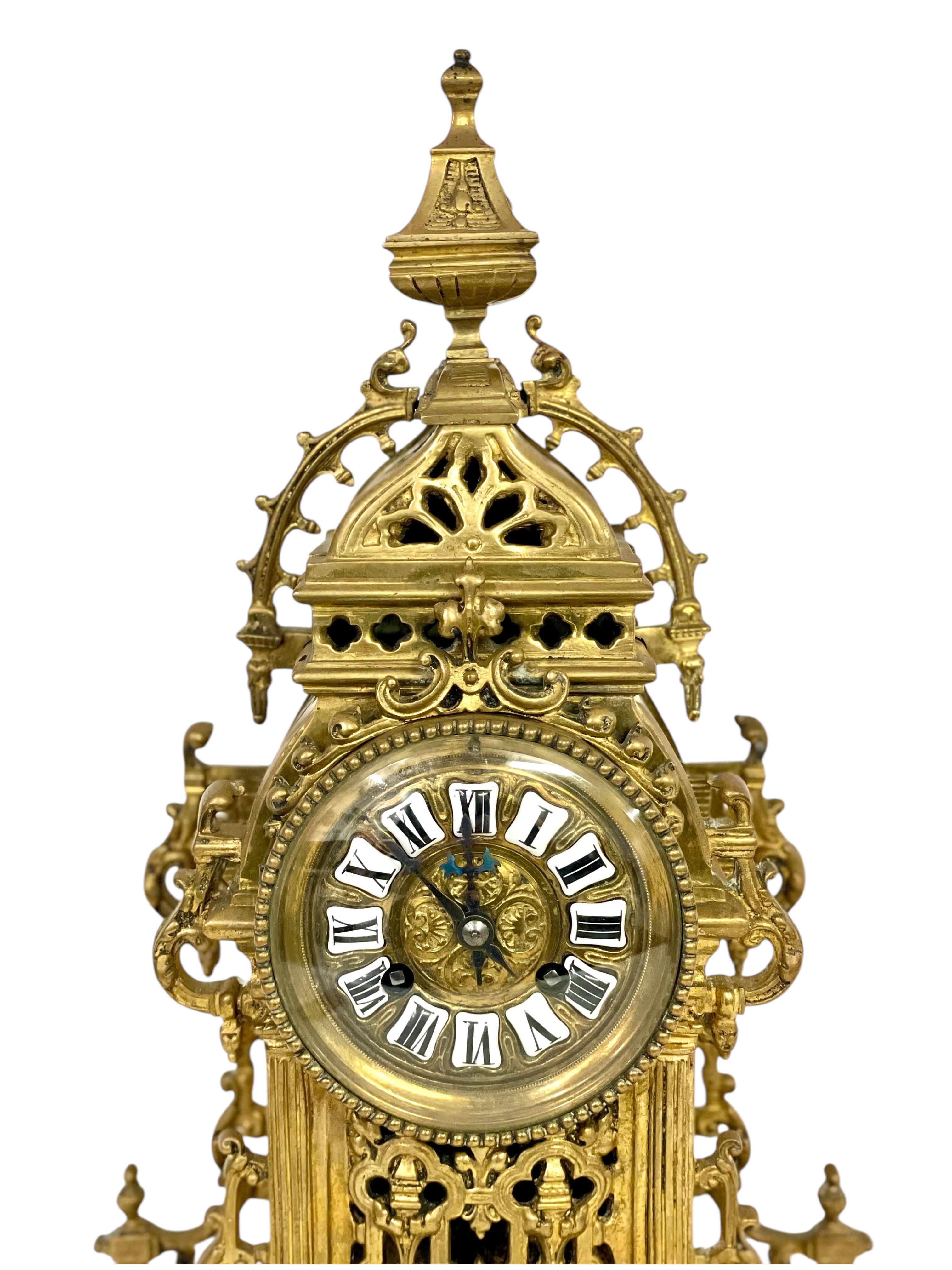 French 19th Century Gilt Bronze Cathedral Mantel Clock For Sale