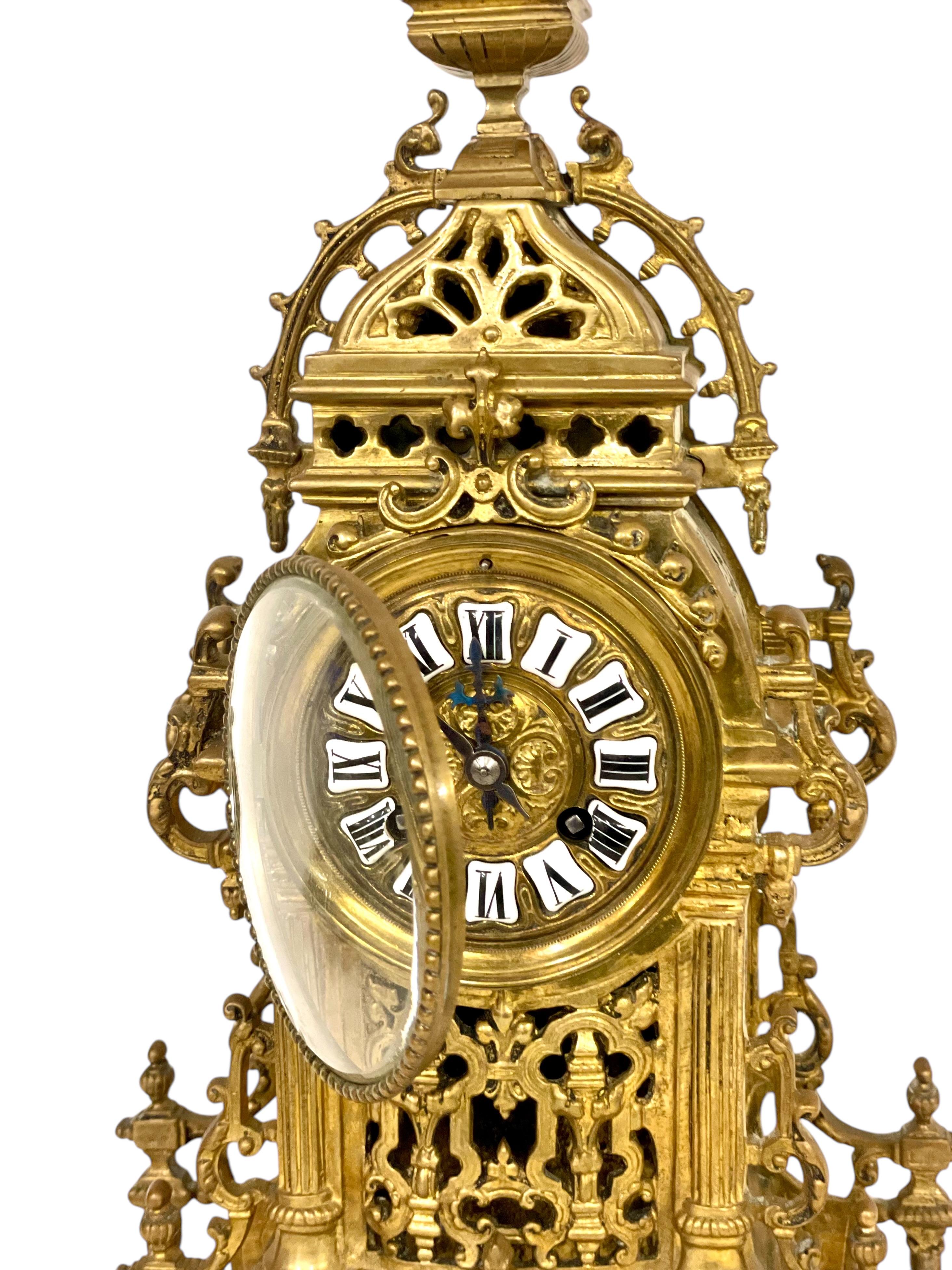 19th Century Gilt Bronze Cathedral Mantel Clock For Sale 2