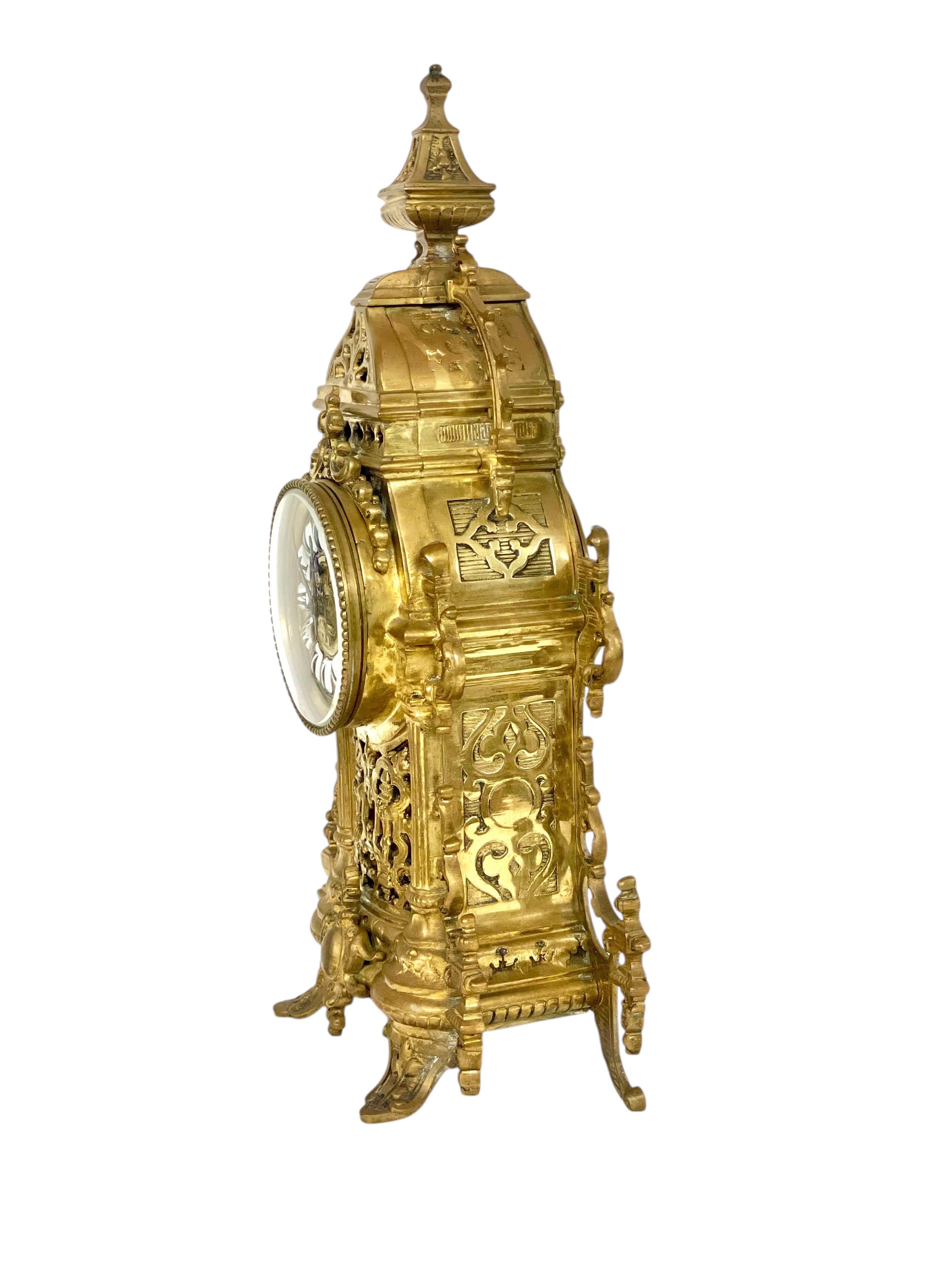 19th Century Gilt Bronze Cathedral Mantel Clock For Sale 4
