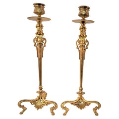 Antique 19th Century Gilt Bronze Classic Style Candlesticks by Barbedienne