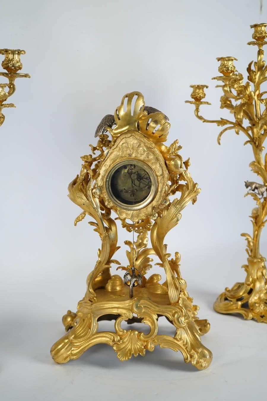 19th Century Gilt Bronze Clock Set For Sale 10