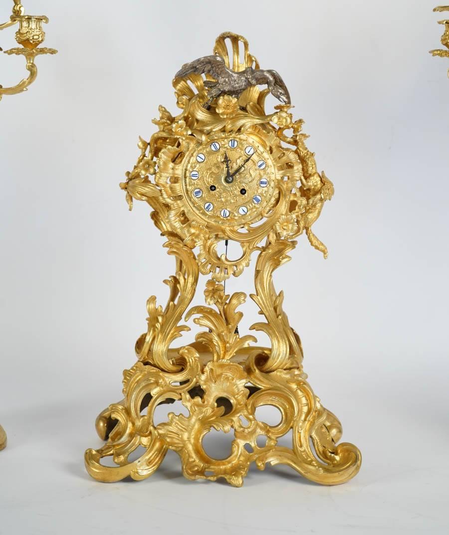 19th Century Gilt Bronze Clock Set In Excellent Condition For Sale In Saint-Ouen, FR