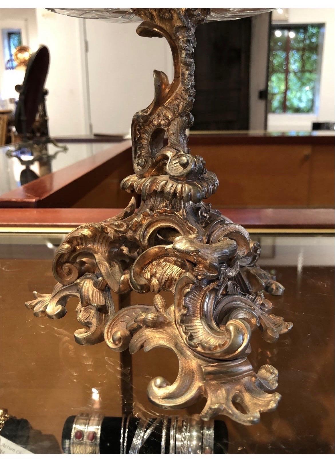An absolutely incredible gilt bronze centerpiece of fine quality with a fox running throughout the base of “vines”. Stunning in person - no signature observed. Comes into 3 pieces (base, crystal bowl, handle) 

Base 7.5” w