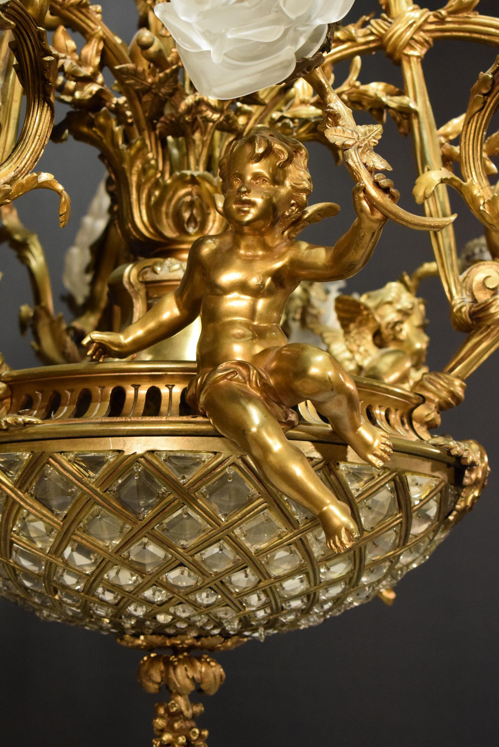 19th Century Gilt Bronze, Crystal and Frosted Glass Chandelier For Sale 4