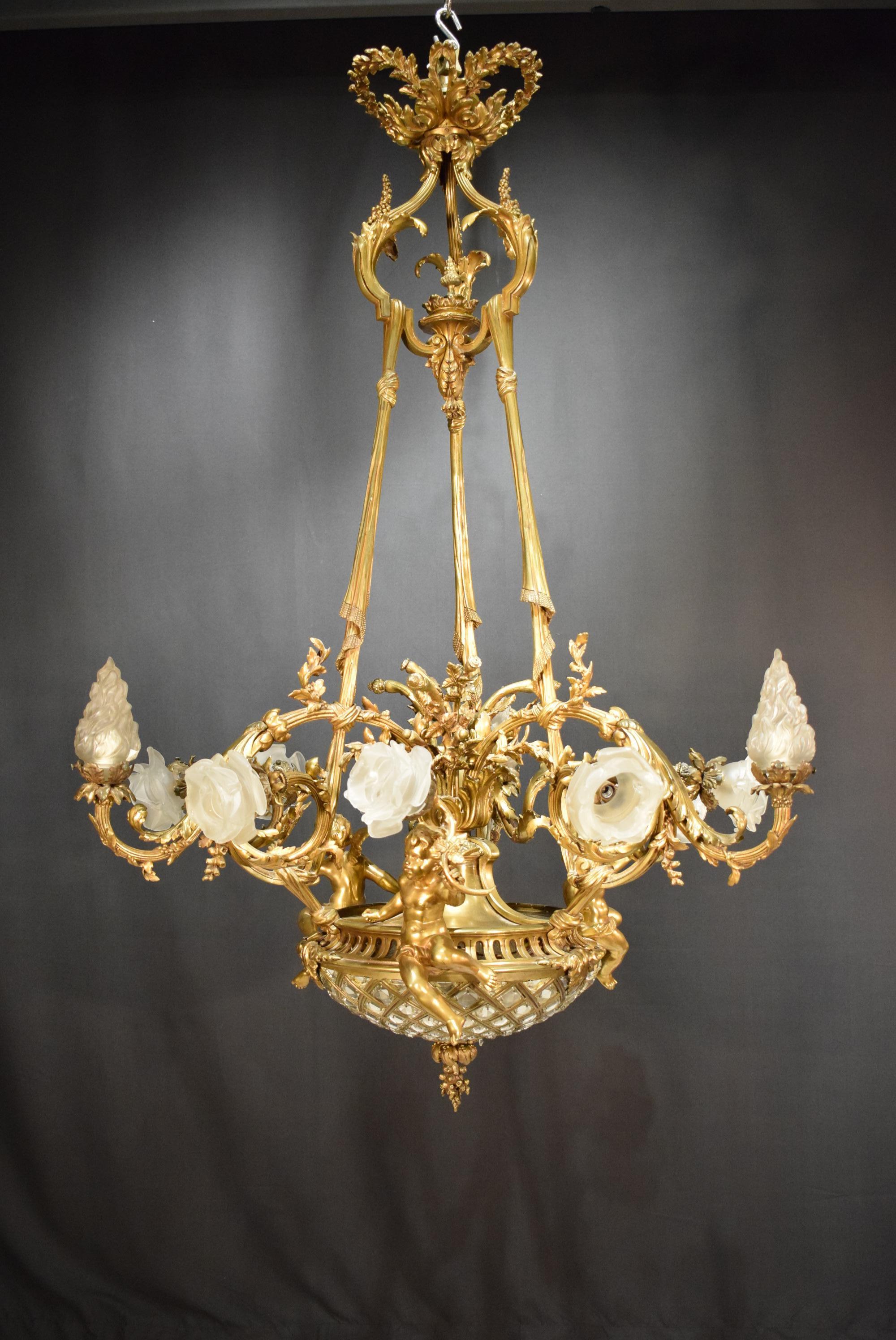 19th Century Gilt Bronze, Crystal and Frosted Glass Chandelier For Sale 10