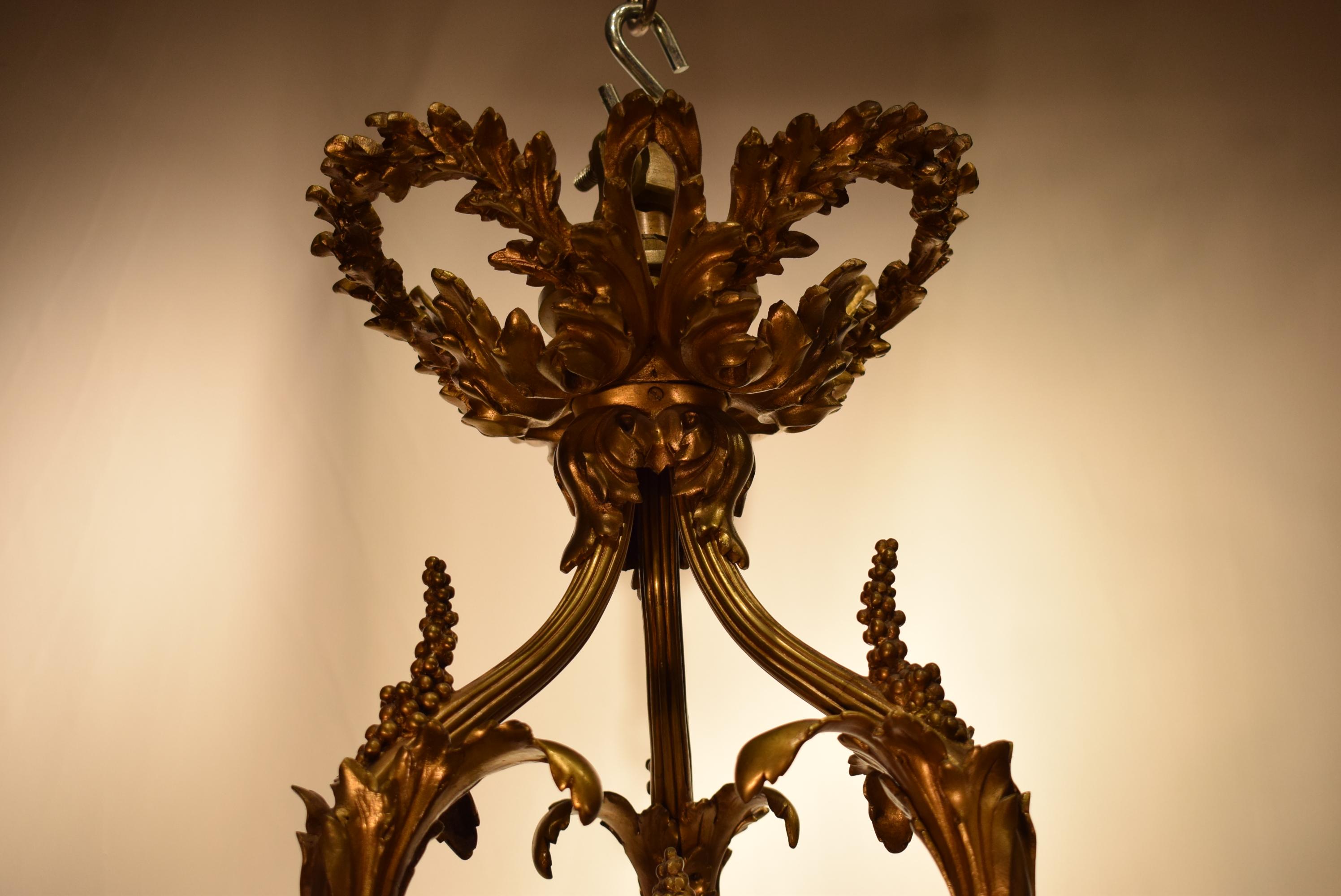 19th Century Gilt Bronze, Crystal and Frosted Glass Chandelier For Sale 1