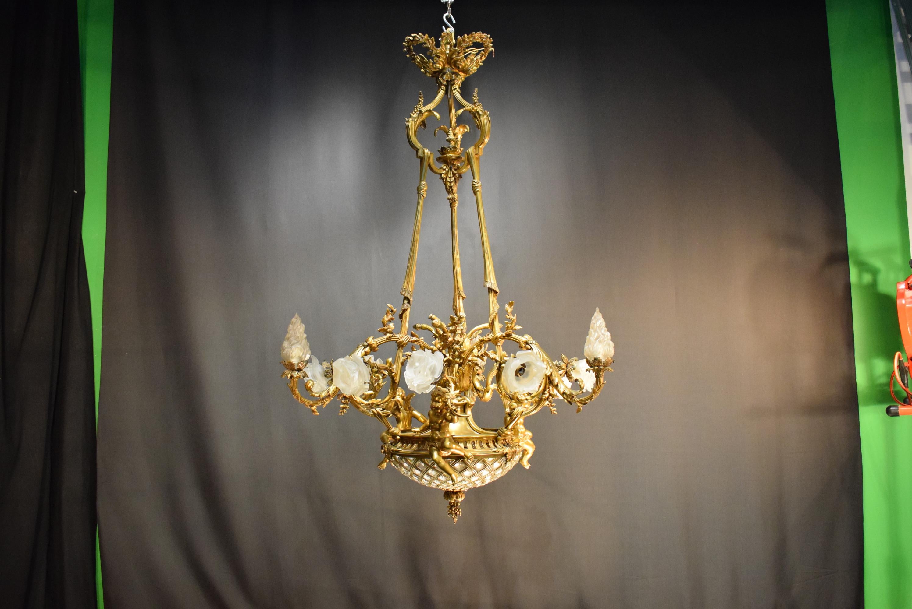 19th Century Gilt Bronze, Crystal and Frosted Glass Chandelier For Sale 11