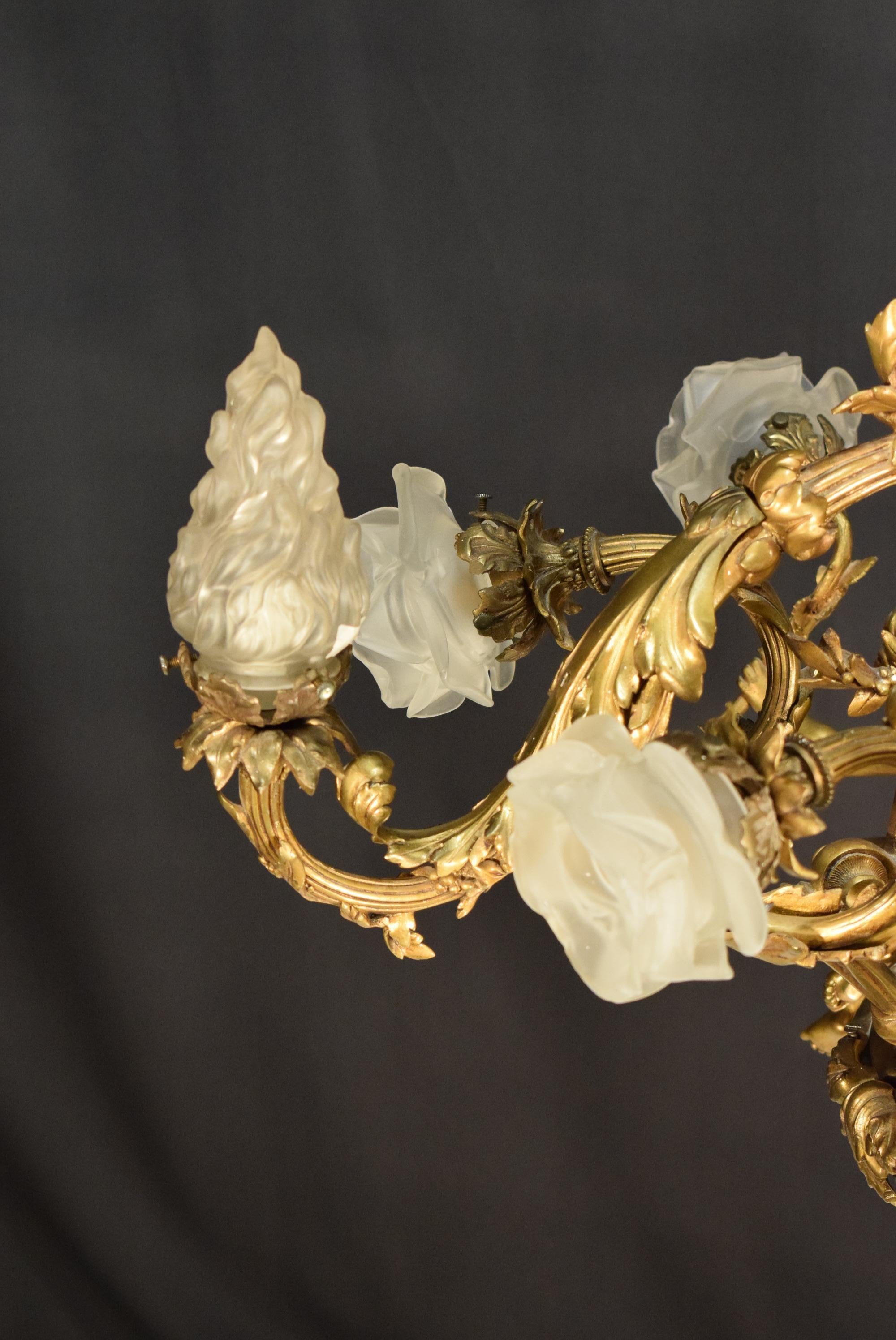 19th Century Gilt Bronze, Crystal and Frosted Glass Chandelier For Sale 2