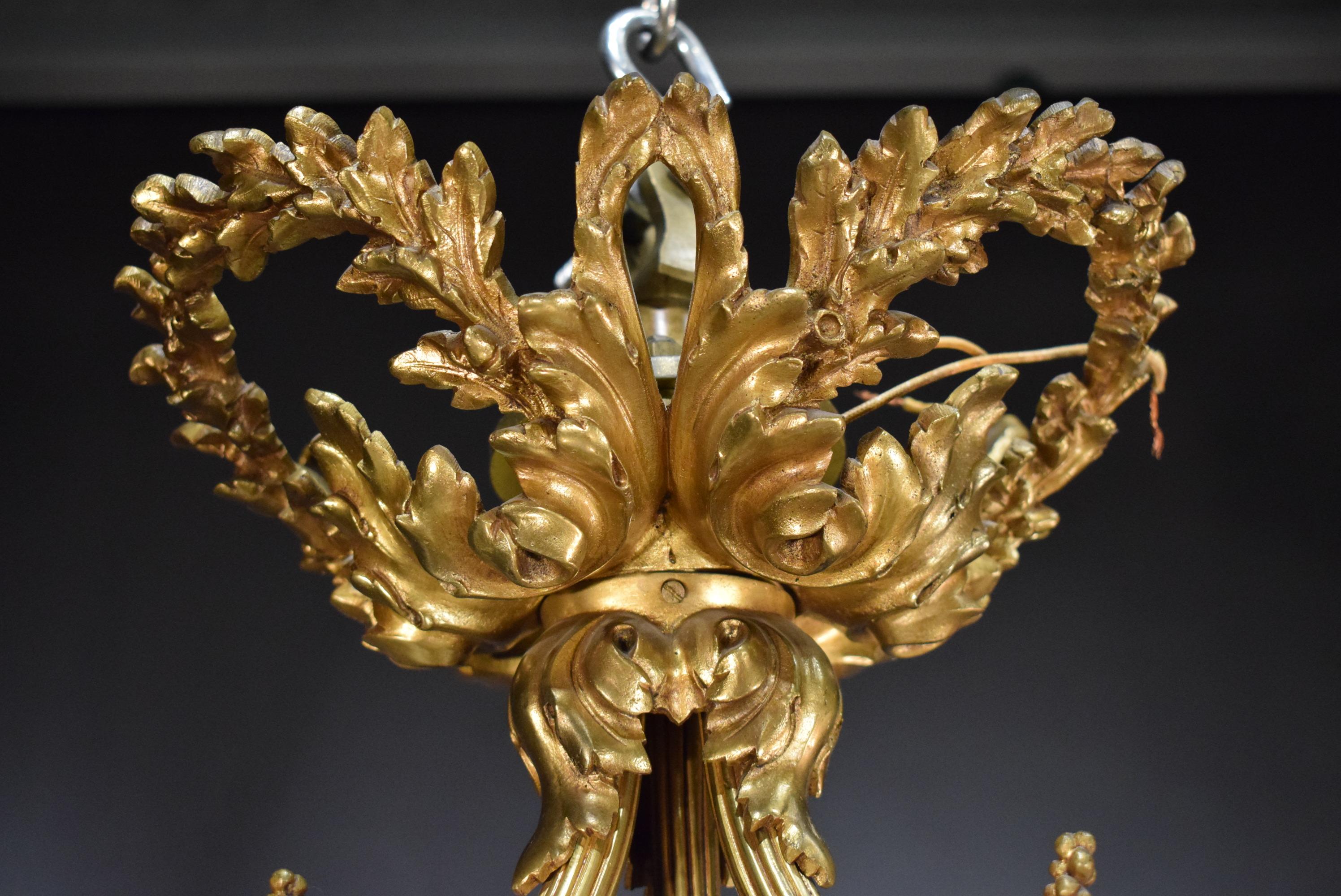 19th Century Gilt Bronze, Crystal and Frosted Glass Chandelier For Sale 3