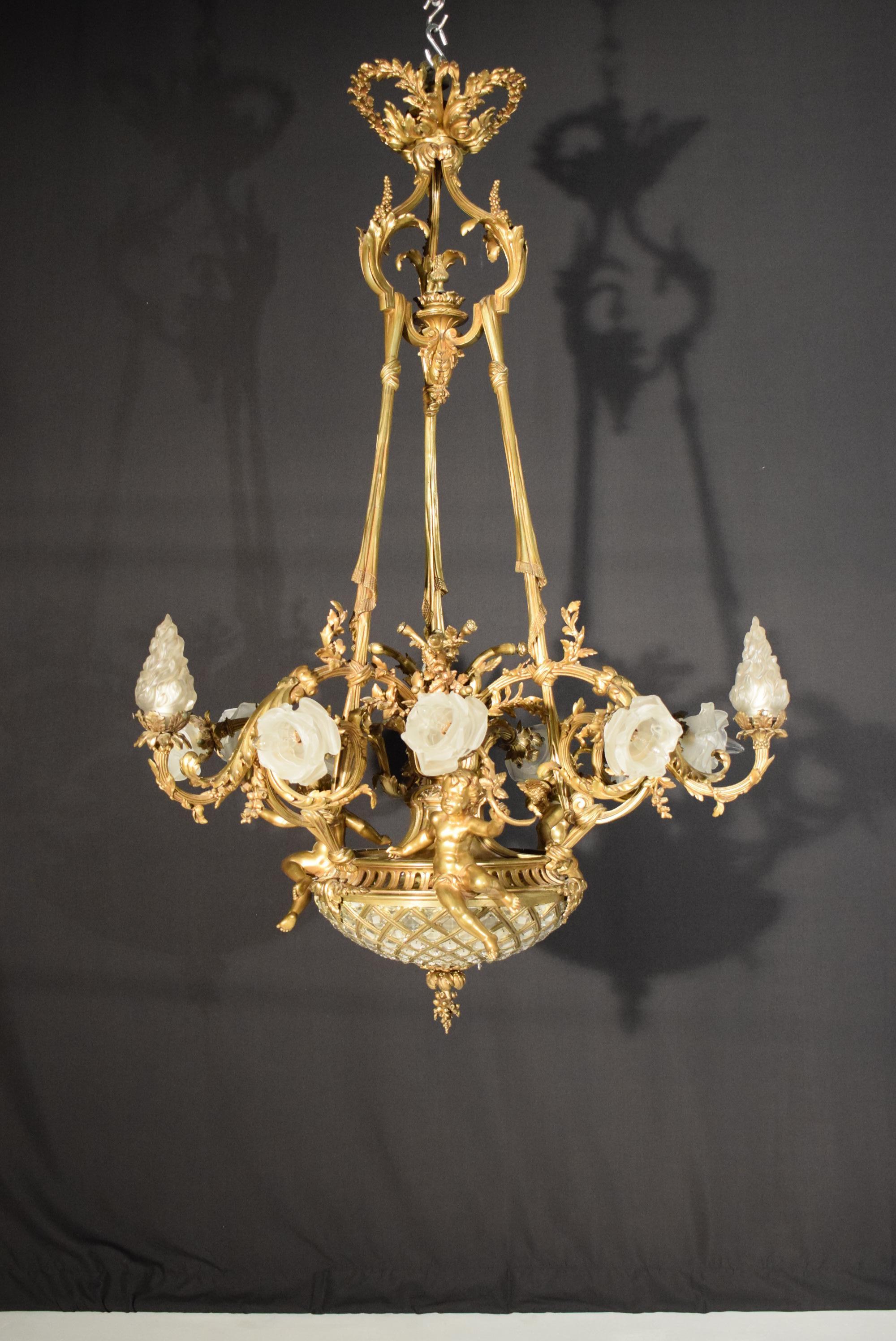 19th Century Gilt Bronze, Crystal and Frosted Glass Chandelier For Sale 5