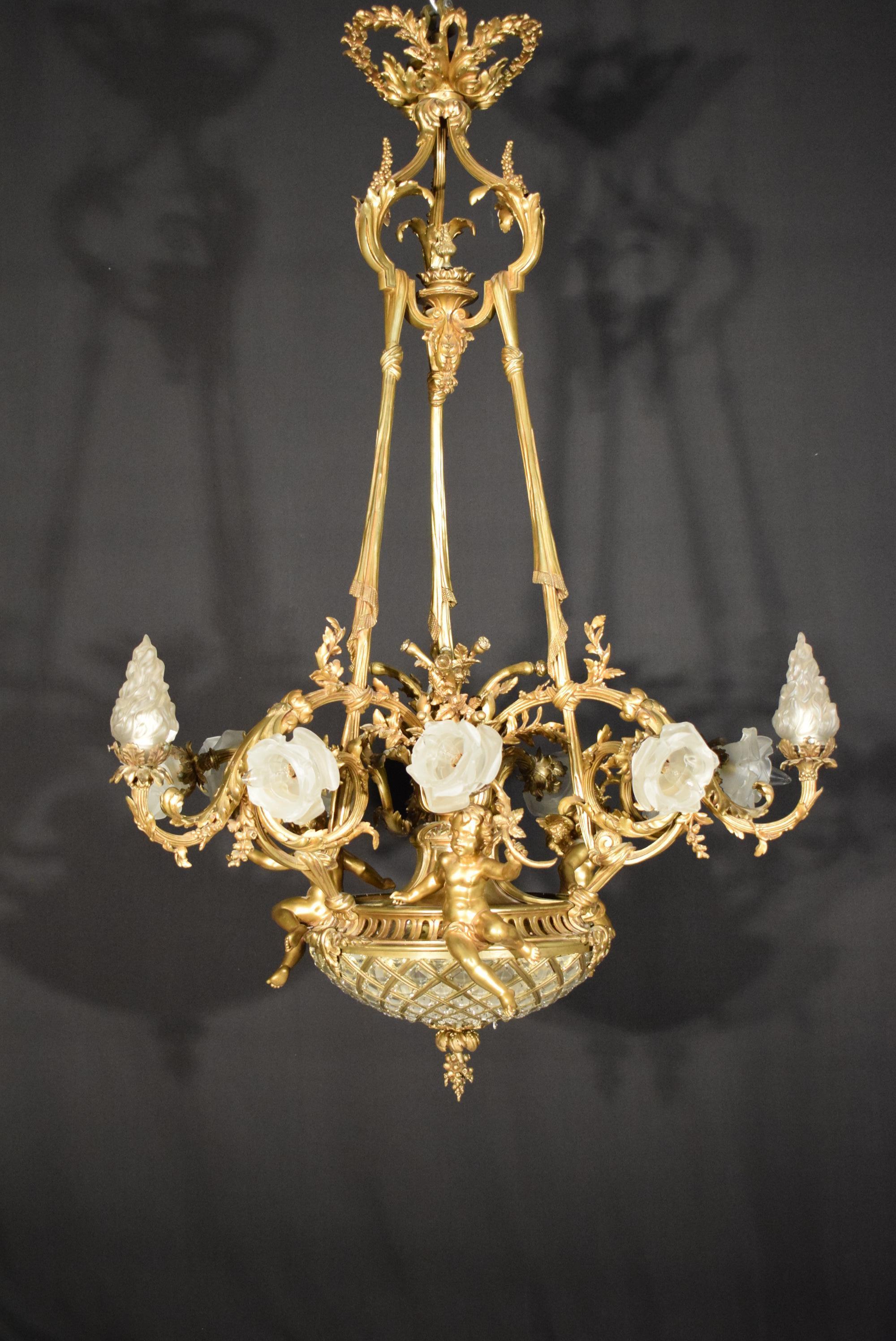 19th Century Gilt Bronze, Crystal and Frosted Glass Chandelier For Sale 6